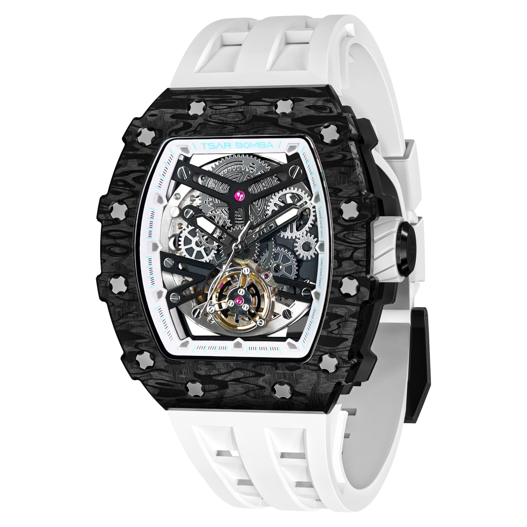 TSAR BOMBA Men's Luxury Automatic Skeleton Watch - Mechanical Tonneau Square Big Face Dial with Silicone Strap - 50M Waterproof Analog Wristwatch for Business, Casual & Formal Occasions