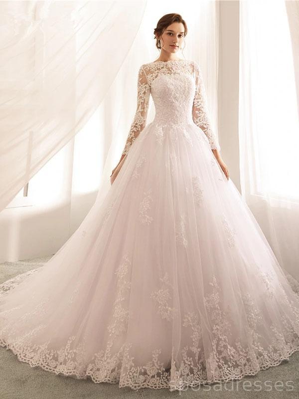 Elegant Long Sleeve Lace Beaded Wedding Dress - Romantic A-Line Bridal Gown WD506 | Perfect for Church Ceremonies, Beach Weddings & Formal Receptions