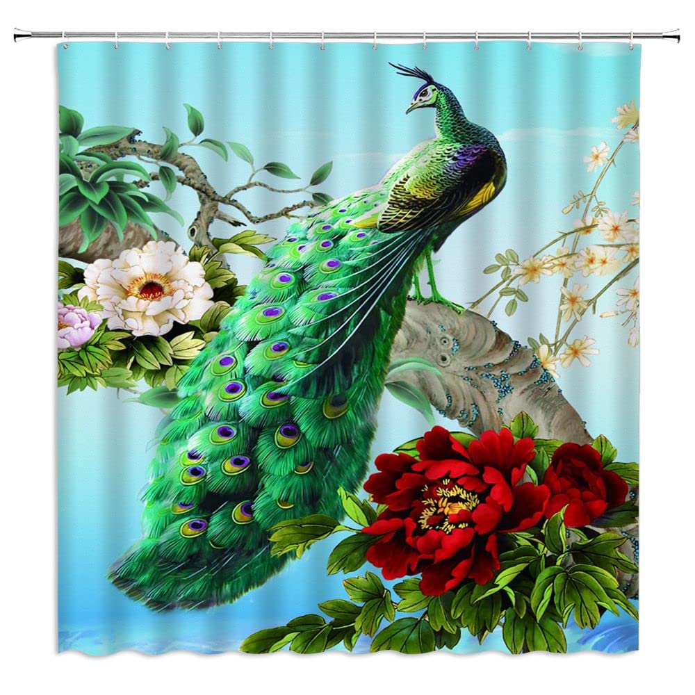 Peacock Shower Curtain with Red Peony Flowers - Asian Traditional Chinese Oriental Spring Landscape Antique Pattern Bathroom Decor Set with Hooks (70