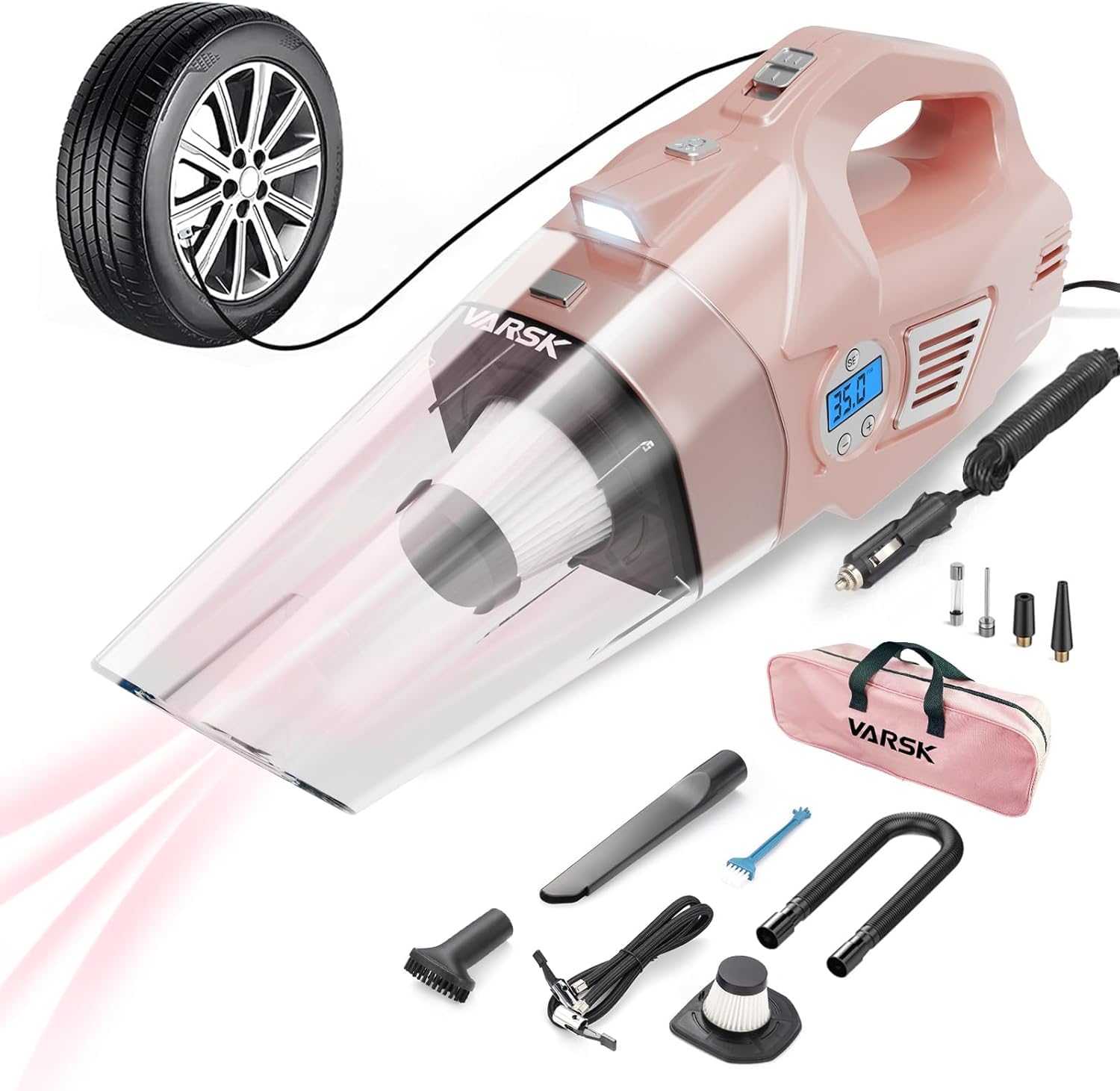 VARSK 4-in-1 High Power Car Vacuum Cleaner & Tire Inflator - 12V DC Portable Handheld Vacuum with Digital LCD Pressure Gauge, 15FT Cord & LED Light - Perfect Gift for Women, Girls & Moms (Pink) - Ideal for Car Cleaning, Home Use & Emergency Tire Inflation