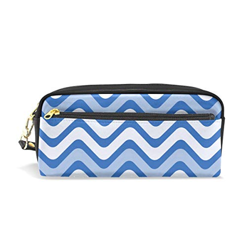 PU Leather Blue Waves Wavy Lines Pattern Travel Cosmetic Bag - Waterproof Makeup Clutch Pouch for Women | Toiletries Organizer for Travel, Gym & Daily Use