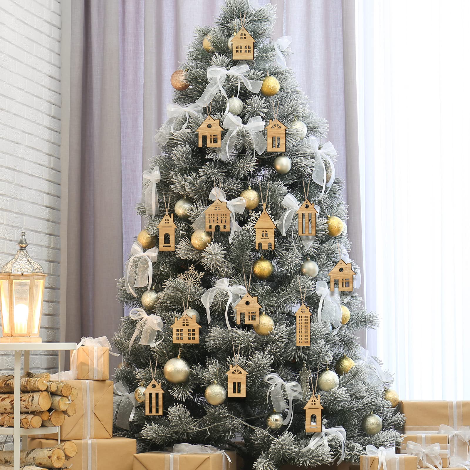 18 Pcs Wooden Christmas Tree Ornaments - Double Sided Hanging Wood House Cutouts with Ropes - Small Rustic Holiday Decor for Xmas Tree, Gift Wrapping & Home Decoration