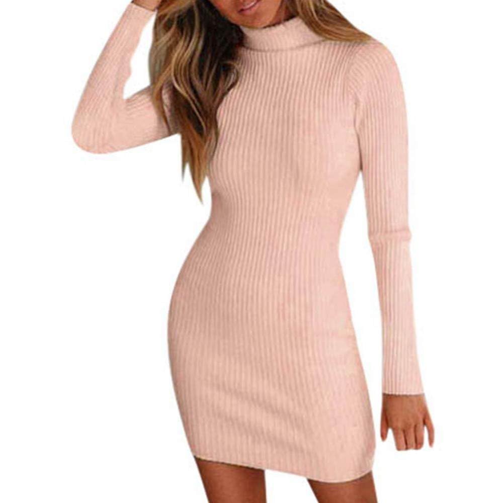 COSKTIARL Women's Long Sleeve Turtleneck Knit Dress - Solid Pink Sweater Dress for Fall & Winter | Casual Office Wear & Holiday Outfits