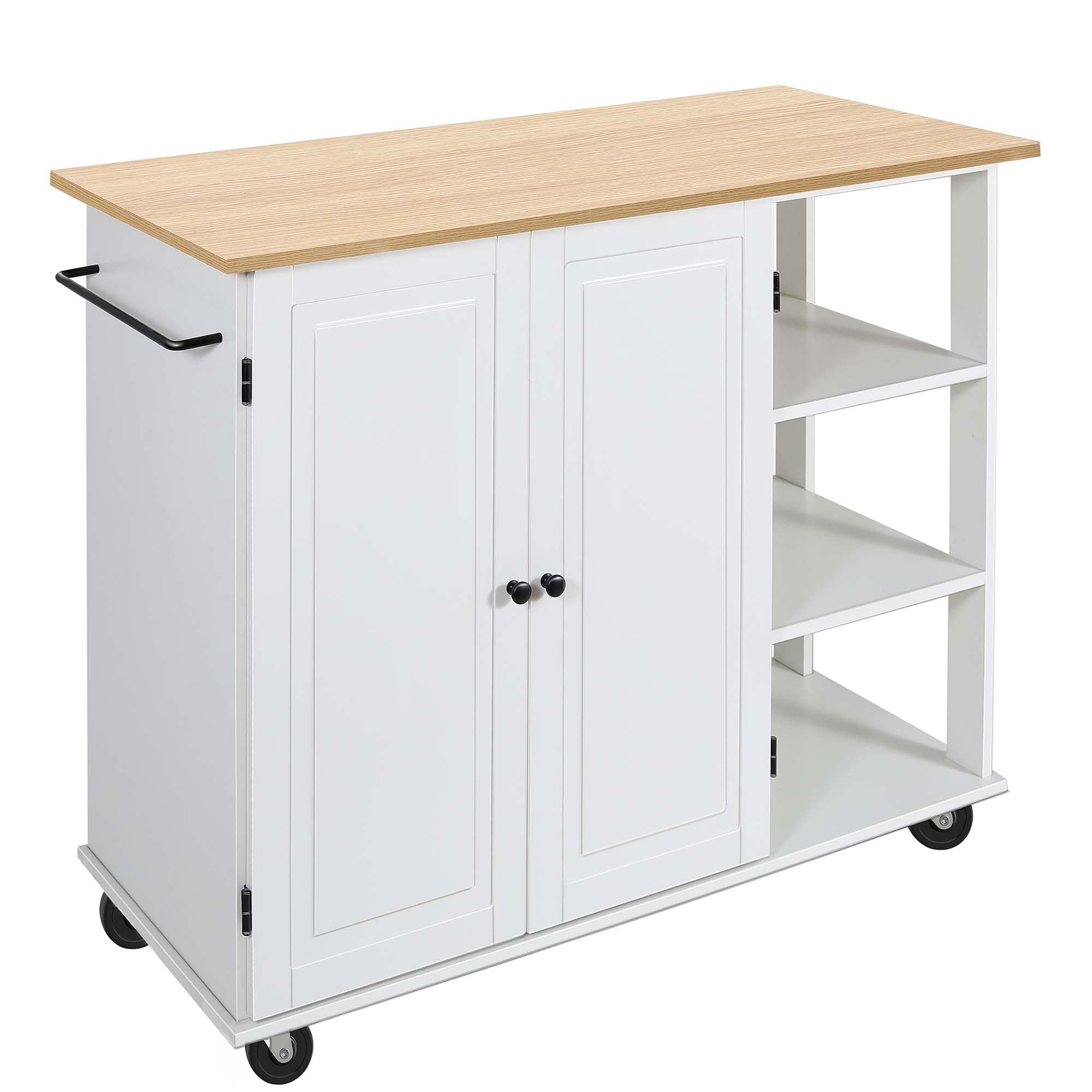 **Wooden Rolling Kitchen Island Cart with Large Cabinet, Adjustable Shelves & Towel Rack - Mobile Kitchen & Dining Room Organizer for Utensils & Storage - Perfect for Small Spaces, Entertaining & Meal Prep**