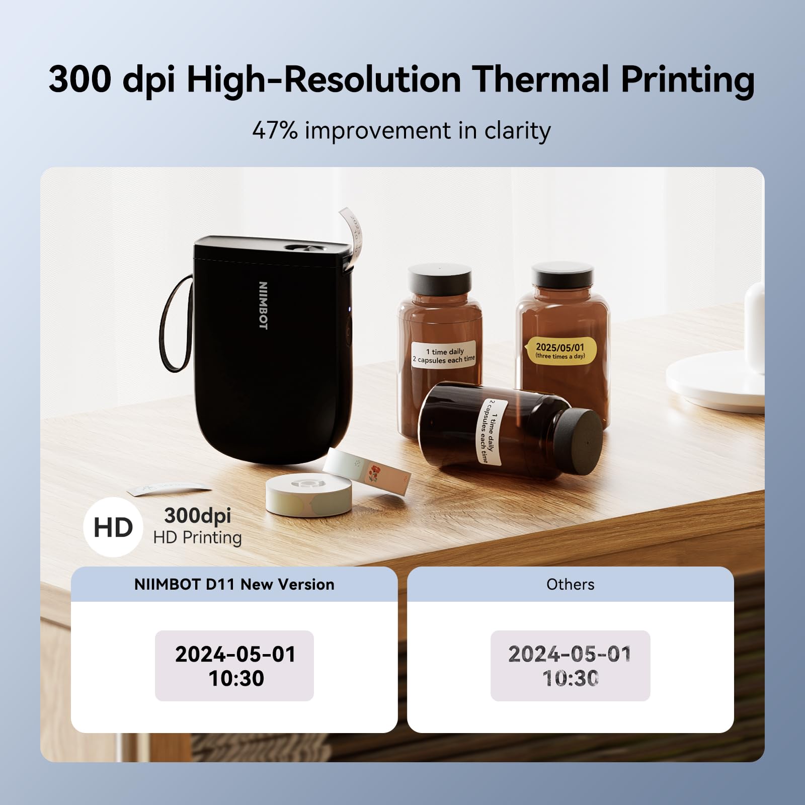 NIIMBOT D11 Bluetooth Label Maker Machine - 300DPI High Resolution Thermal Printer with Tape, Portable Sticker Printer for Home Office School Organization (Black) | Perfect for Labeling Files, Storage Boxes & School Supplies