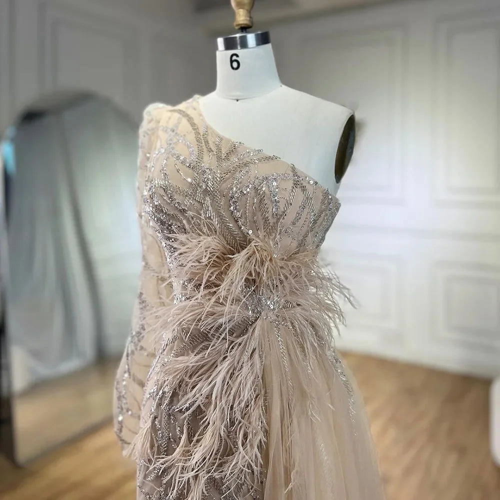 Serene Hill Caramel Mermaid Evening Gown with Overskirt & One Shoulder Beaded Feathers - Women's Formal Party Dress for Prom, Gala & Special Occasions 2025 LA71789A
