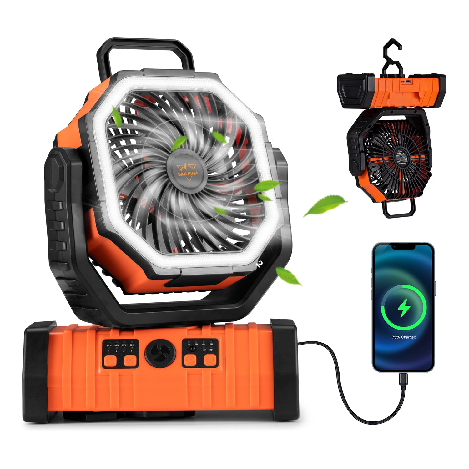 SanHima Portable Camping Fan with LED Light - 20000mAh Rechargeable Battery, 360° Rotating Hook, 4 Speed Settings & Oscillation - USB Powered Desk Fan for Outdoor Tent, Travel, Home Office, Beach & Fishing Adventures | Perfect for Summer Camping Trips and Indoor Cooling