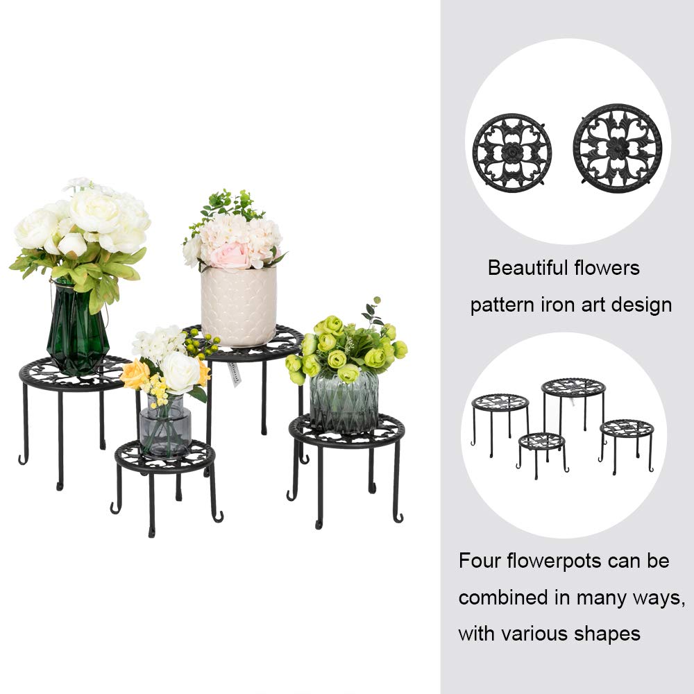 4-Pack Black Metal Potted Plant Stands - Round Ironwork Flower Holder Racks for Indoor Outdoor Garden Decor, Balcony, Patio, and Living Room