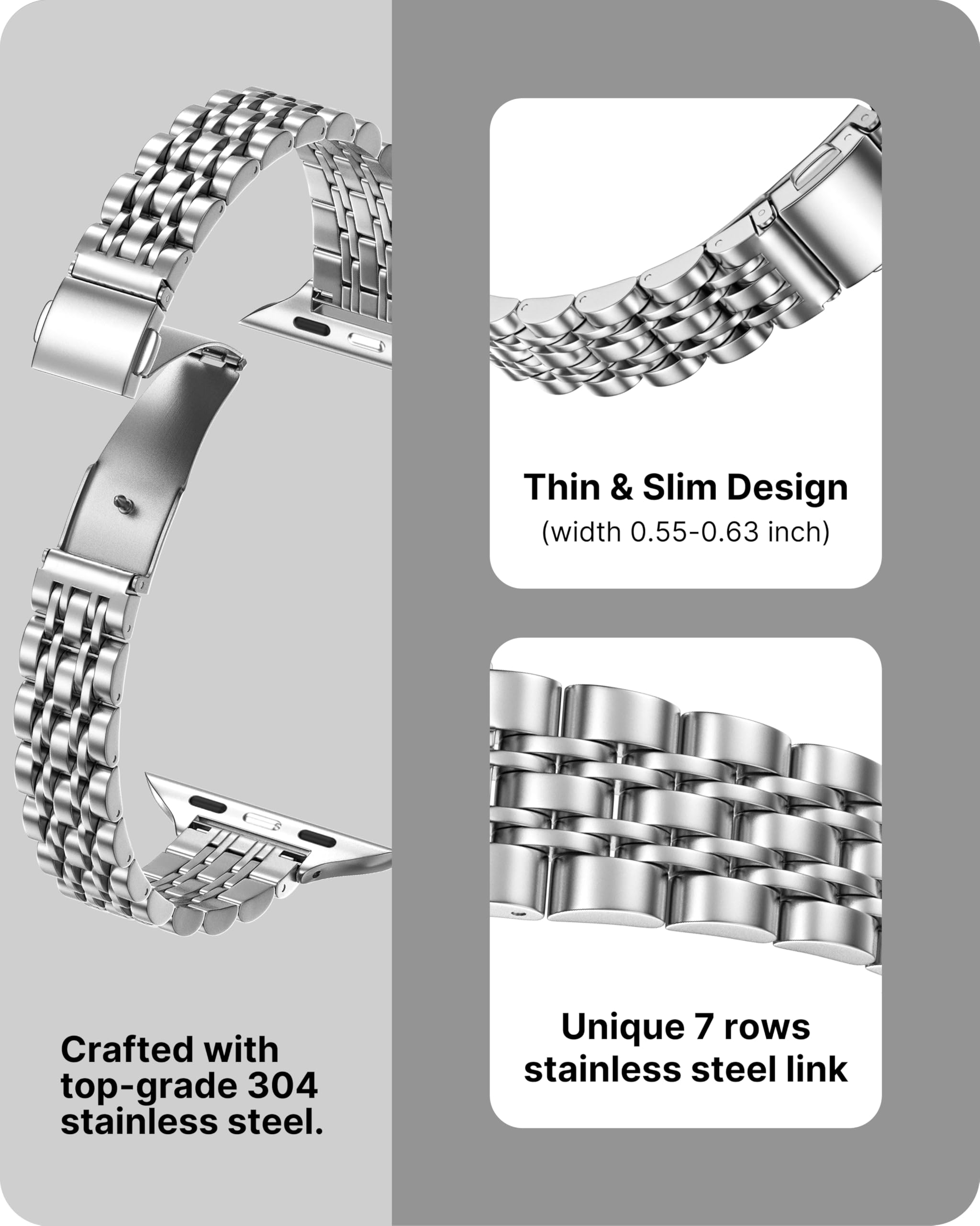 Slim Stainless Steel Apple Watch Band for Women - Compatible with 38mm 40mm 41mm 42mm iWatch Series 10/9/8/7/6/SE/5/4/3/2/1 - Silver Metal Strap Replacement - Perfect for Workouts, Office & Everyday Wear