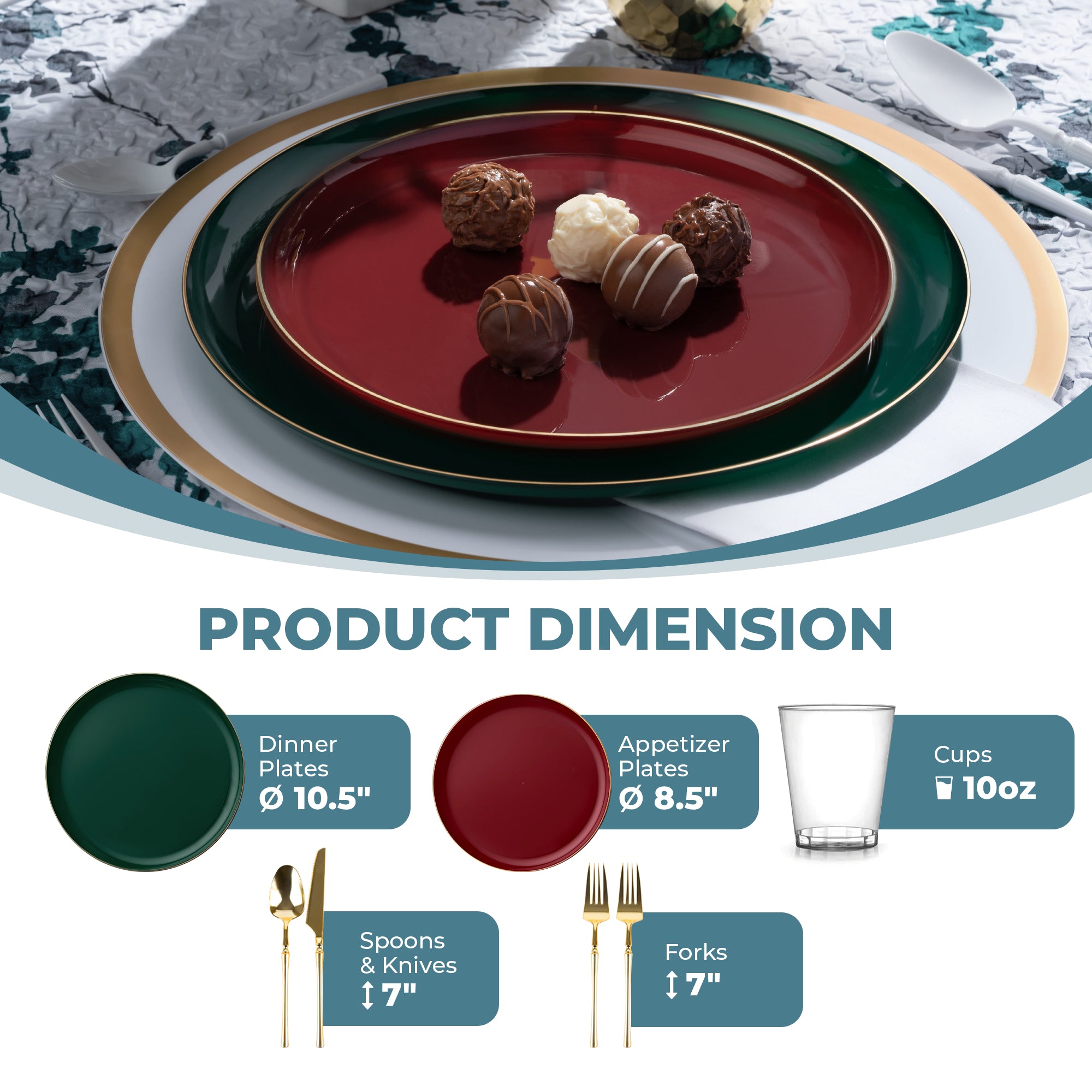 Premium Plastic Christmas Party Plates Set - Cranberry & Green with Gold Rim, Elegant Holiday Dinnerware for Festive Gatherings, Xmas Celebrations & Special Occasions