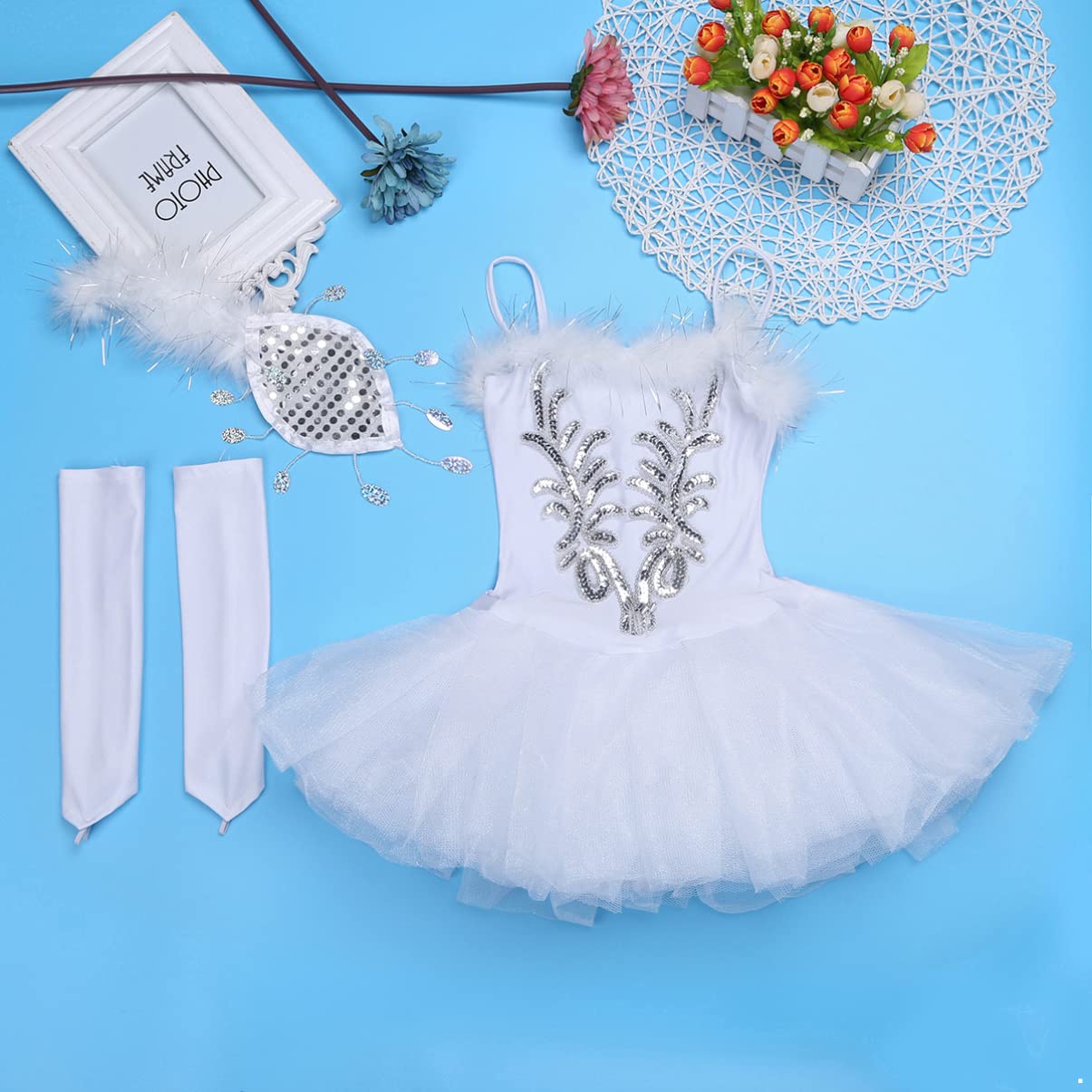 Girls Swan Lake Ballet Tutu Dress with Sequined Leotard, Fingerless Gloves & Hair Clip Set – Perfect for Dance Recitals, Halloween Costumes & Themed Birthday Parties