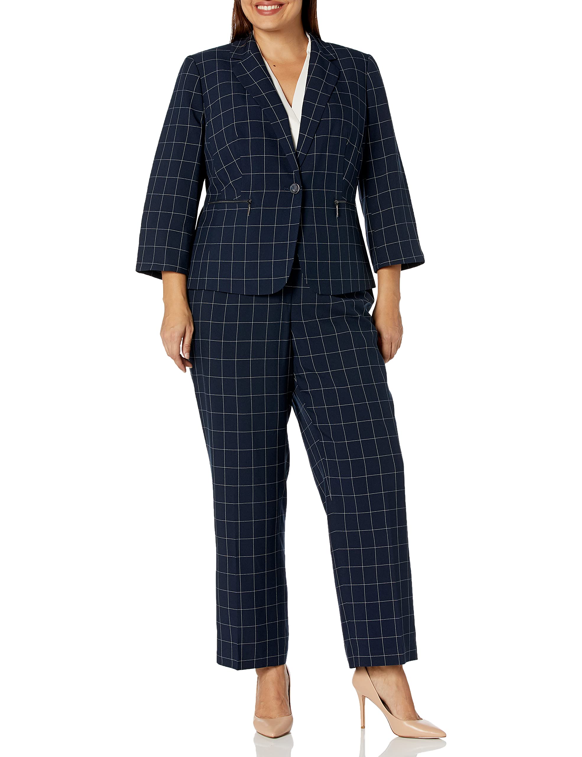 Le Suit Women's Windowpane Check 1-Button Blazer Jacket with 3/4 Sleeves & Matching Kate Pants Set - Perfect for Office Wear, Business Meetings, and Professional Outfits