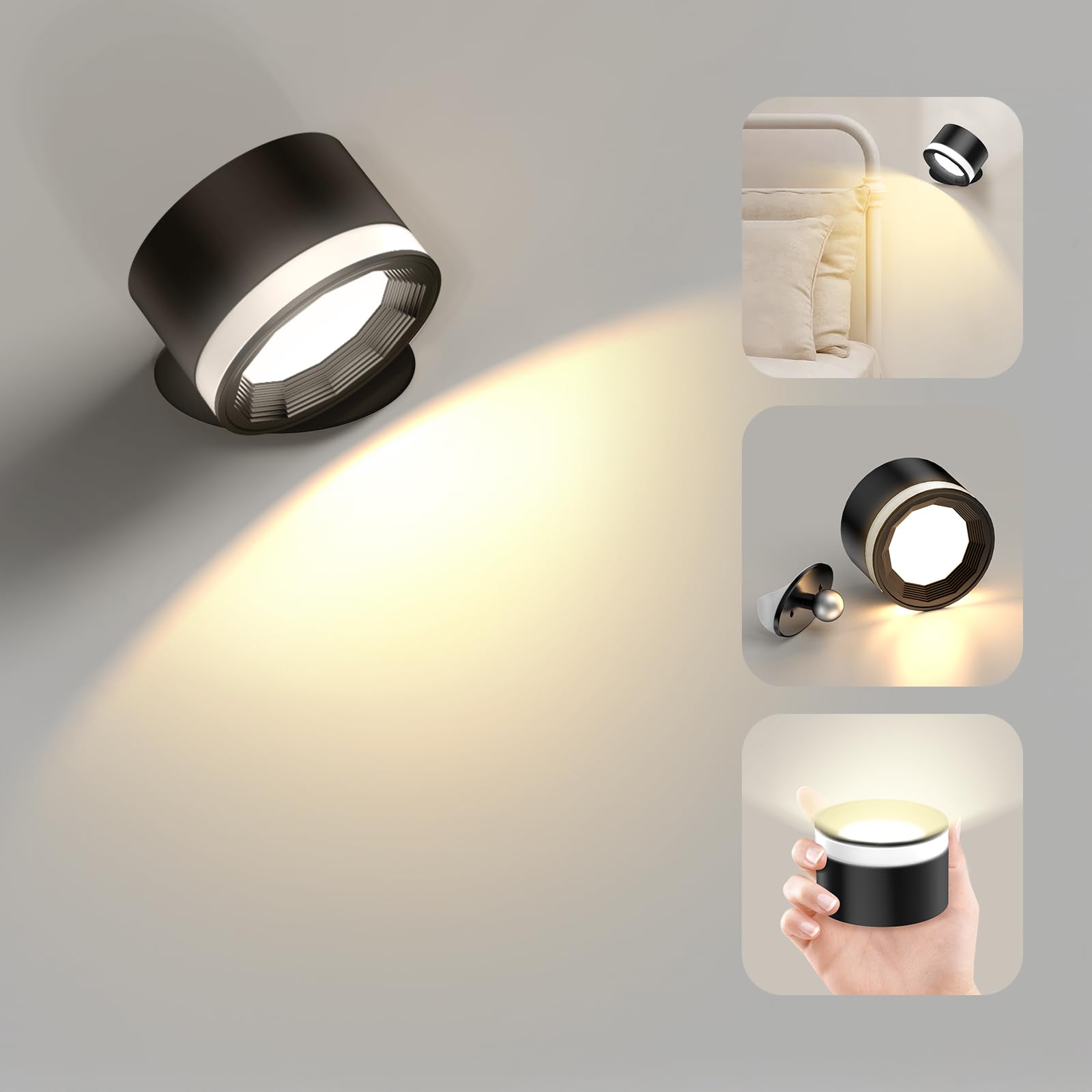 Rechargeable LED Wall Sconce Light - Cordless Wall Mounted Reading Lamp with 3 Color Temperatures & 3 Brightness Levels, Touch Control, 360° Rotating Magnetic Ball - Perfect for Bedroom, Living Room, Hallway and Office Lighting