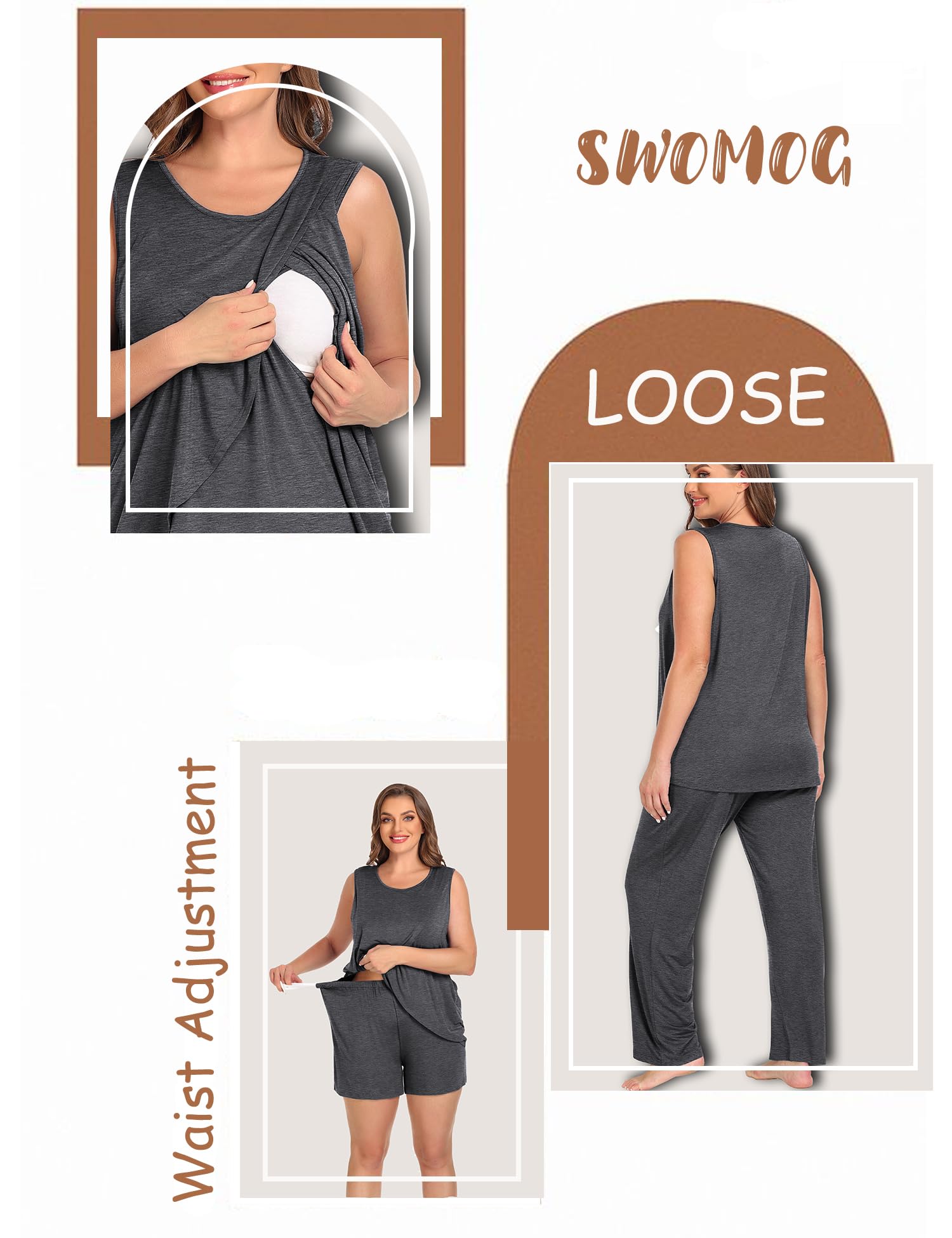 SWOMOG Women's Maternity Pajama Set - 3 Piece Nursing Sleepwear with Pockets, Sleeveless Breastfeeding Pajamas for Pregnancy & Postpartum Comfort - Perfect for Nighttime Nursing, Hospital Stay and Relaxing at Home
