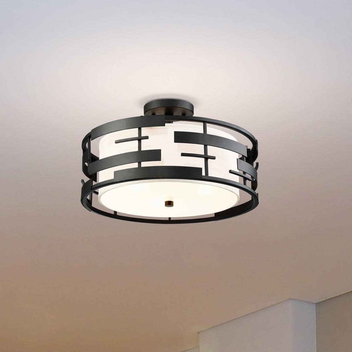 Nuvo 60/6436 Lansing-3 Light Semi-Flush Mount Ceiling Light - White Fabric Shade with Opal Glass Diffuser - Perfect for Bedroom, Living Room & Dining Room Lighting