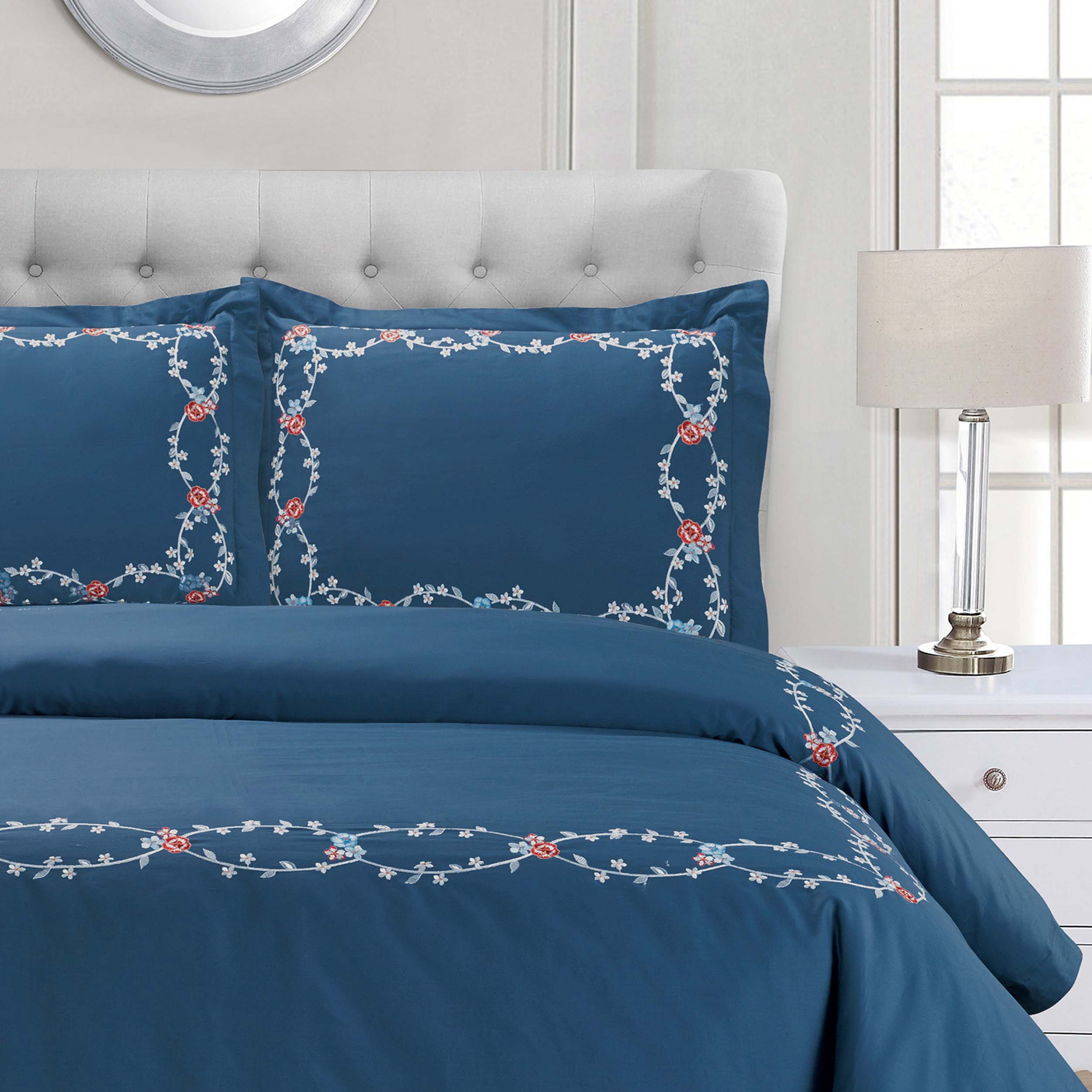 Helena Cotton Embroidered 3-Piece Duvet Cover Set - Queen Size Bedding Set with Pillowcases - Soft & Breathable Luxury Bedding for Master Bedroom, Guest Room & Dorm Decor