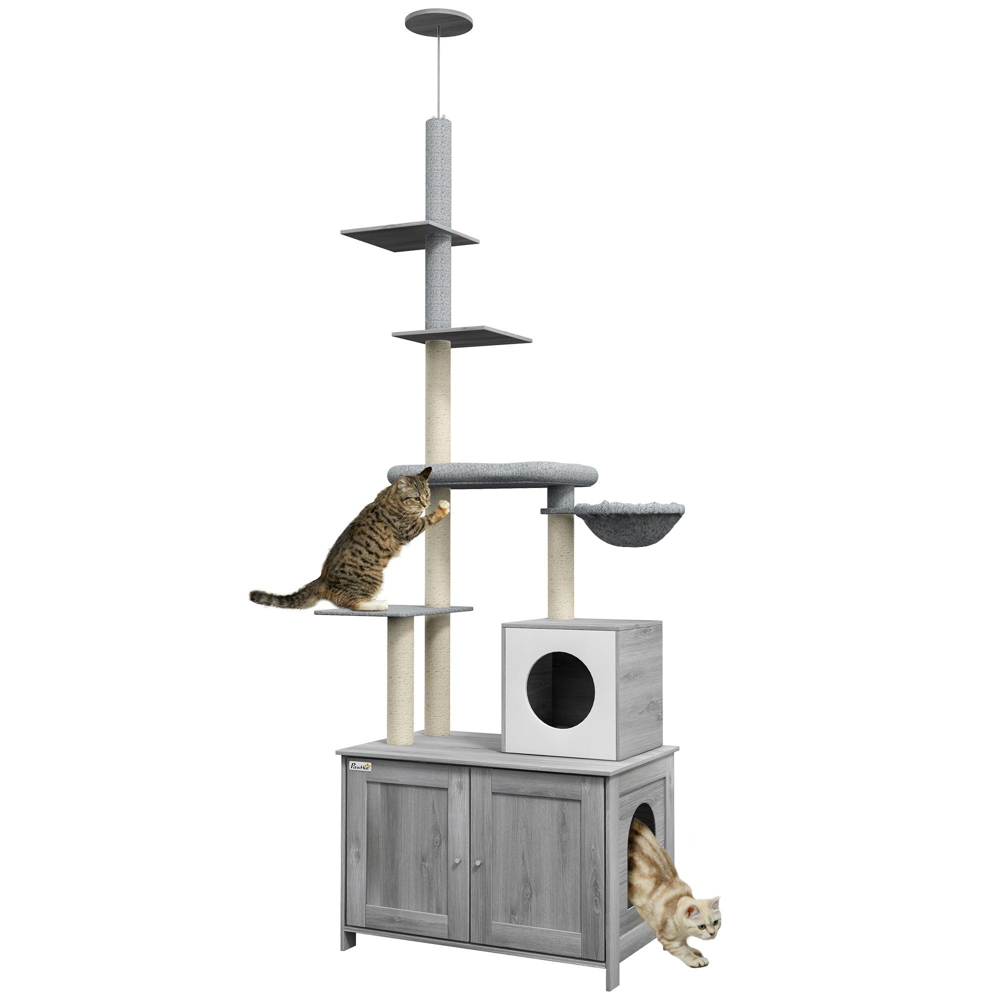 Multi-Level Cat Tree with Hidden Litter Box - 2-in-1 Floor to Ceiling Cat Tower with Condo, Bed, Hammock & Scratching Posts - Space-Saving Cat Furniture for Small Apartments (Gray) - Perfect for Indoor Cats Who Need Privacy While Using the Litter Box