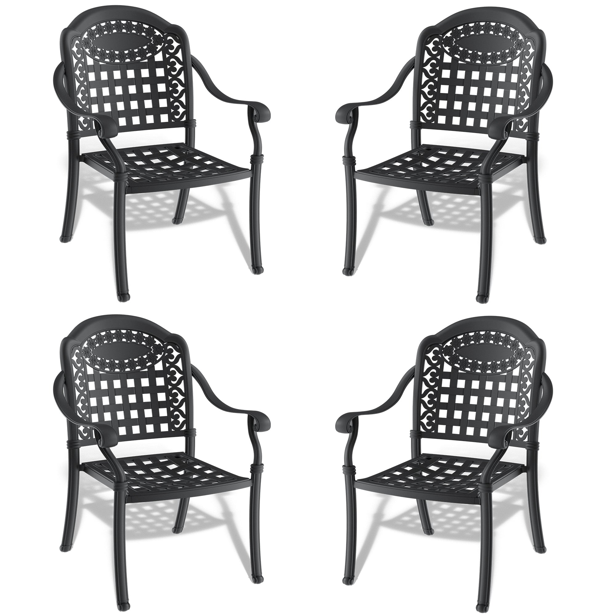 4-Piece Cast Aluminum Patio Dining Chair Set with Black Frame & Cushions - Outdoor Garden Furniture for Backyard, Poolside & Restaurant Use