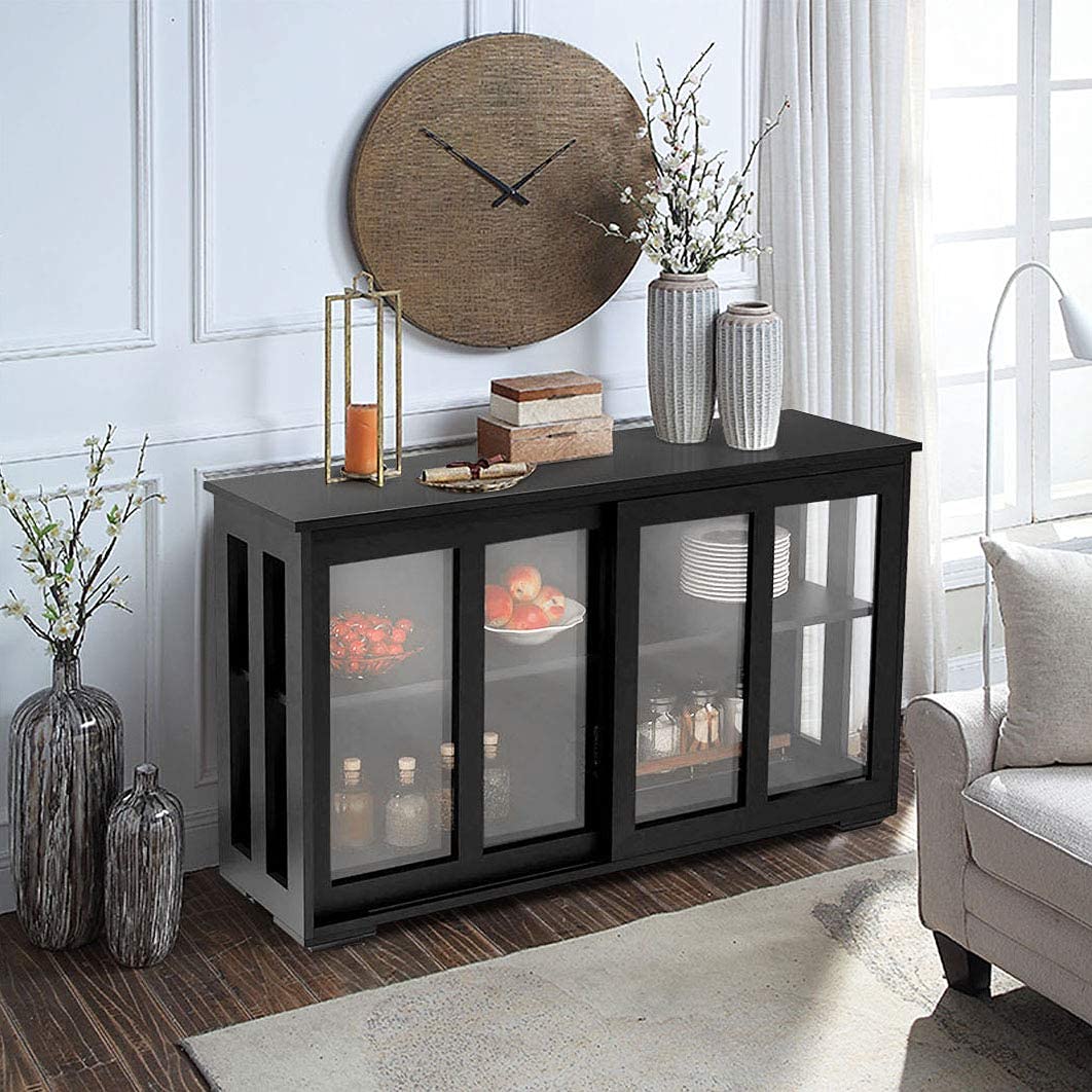 Antique Black Stackable Sideboard Cabinet with Glass Sliding Door & Adjustable Shelves - Universal Kitchen Storage, Buffet Cupboard for Dining & Living Room - Perfect for Small Space Organization & Home Decor