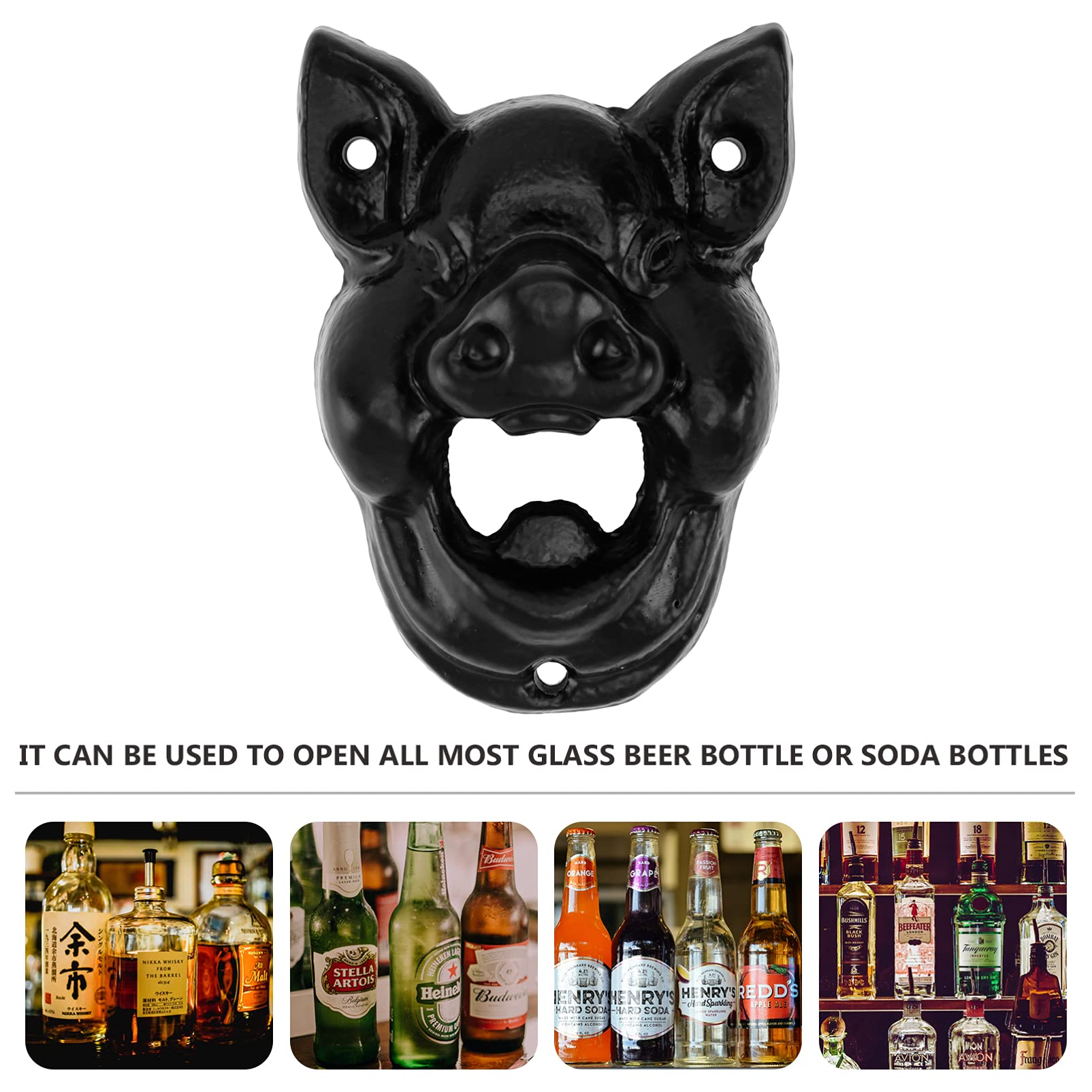 Vintage Cast Iron Pig Head Wall Mounted Bottle Opener - Animal Teeth Design Beer Cap Opener Tool for Bartenders - Perfect for Bars, KTV, Hotels, Housewarming Gifts & Home Kitchen Use (Black)