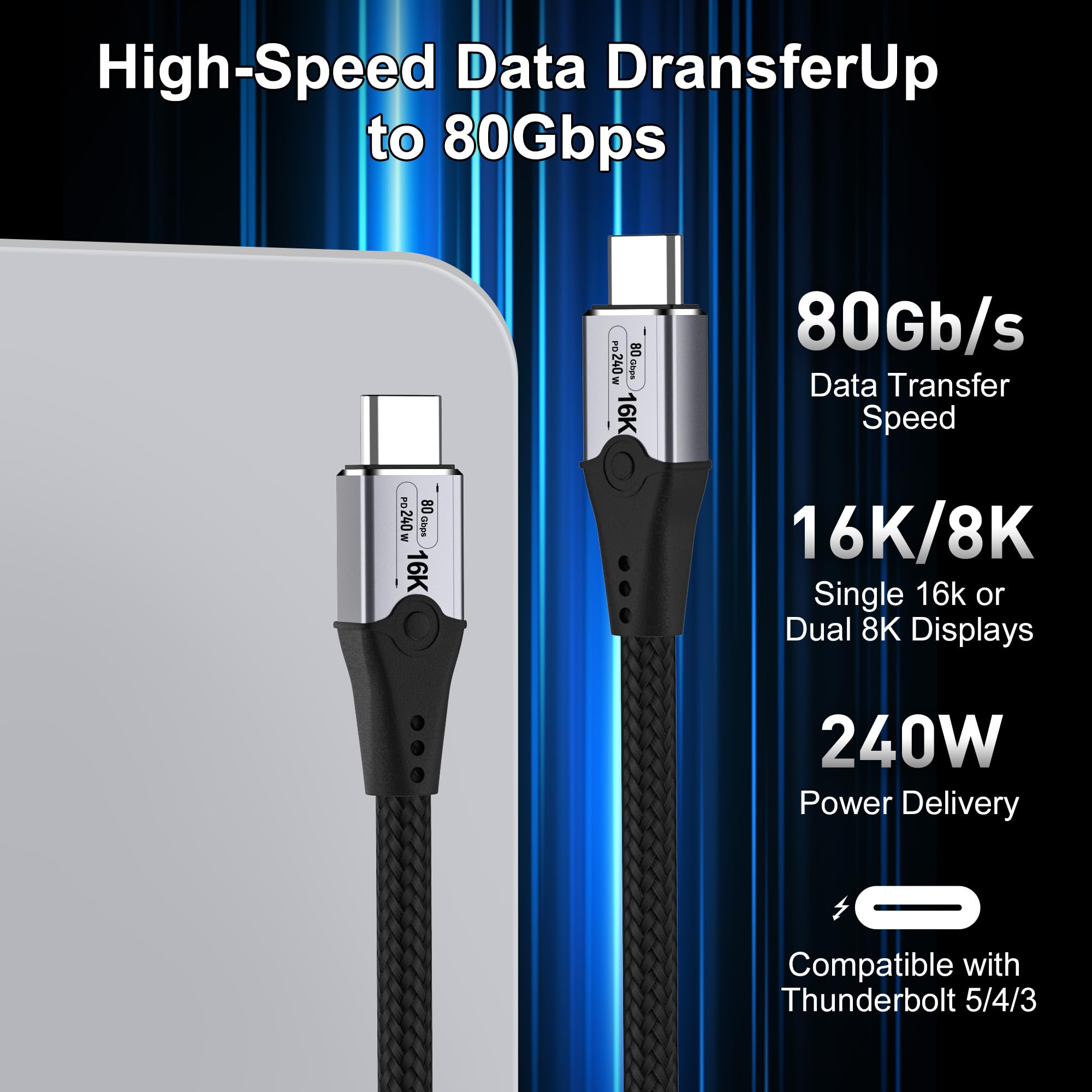 80Gbps USB C to USB C Cable 6.6ft - Thunderbolt 5/4/3 Compatible, 240W Fast Charging & 16K/Dual 8K Video - High-Speed Data Transfer for MacBook Pro, Dell XPS, iPad Pro - Perfect for Gaming, 4K Editing & Multi-Monitor Setup
