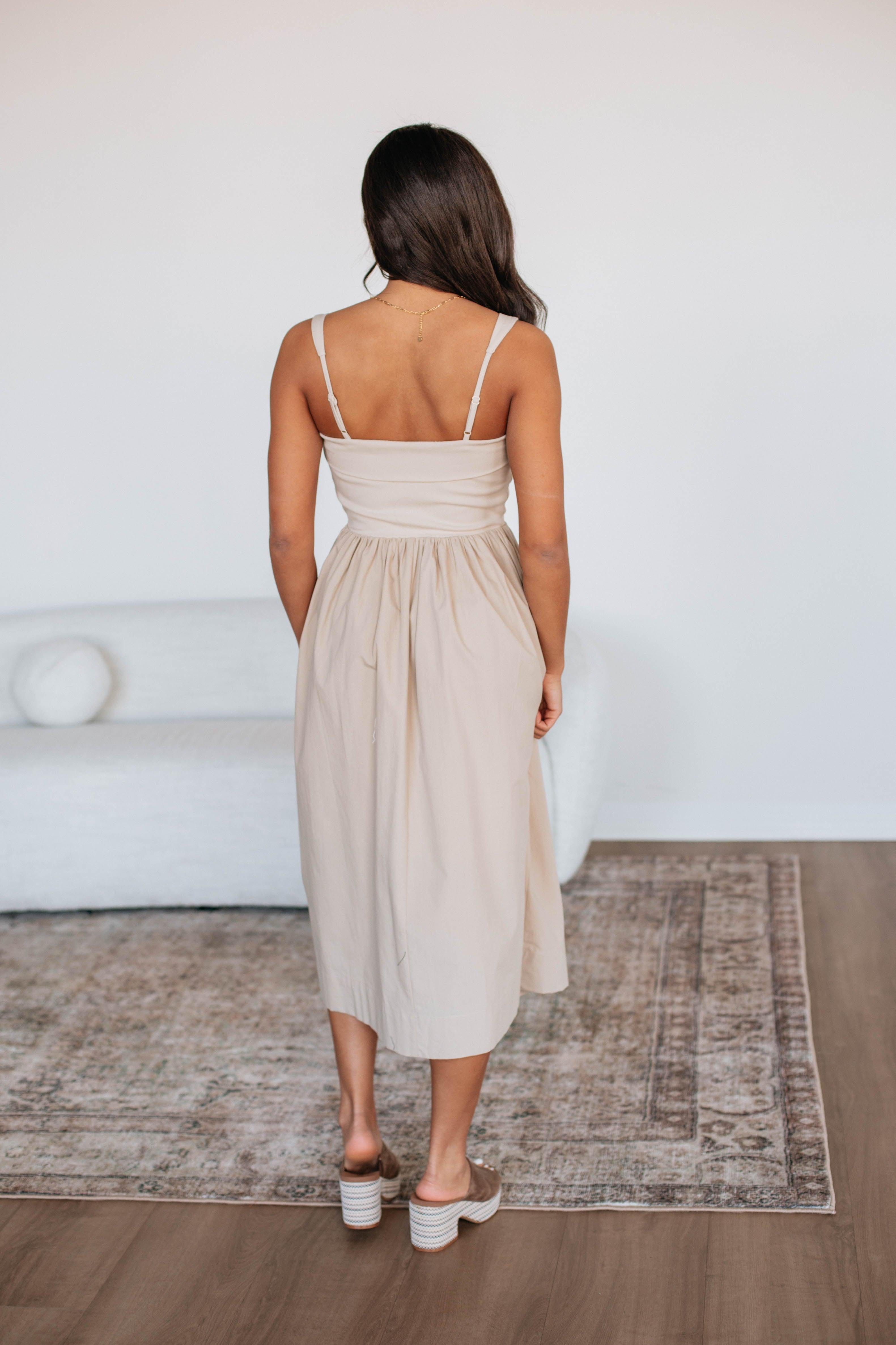 Grace Midi Dress for Women - Flowy Taupe A-Line Summer Dress with Pockets | Perfect for Beach, Wedding & Casual Outings