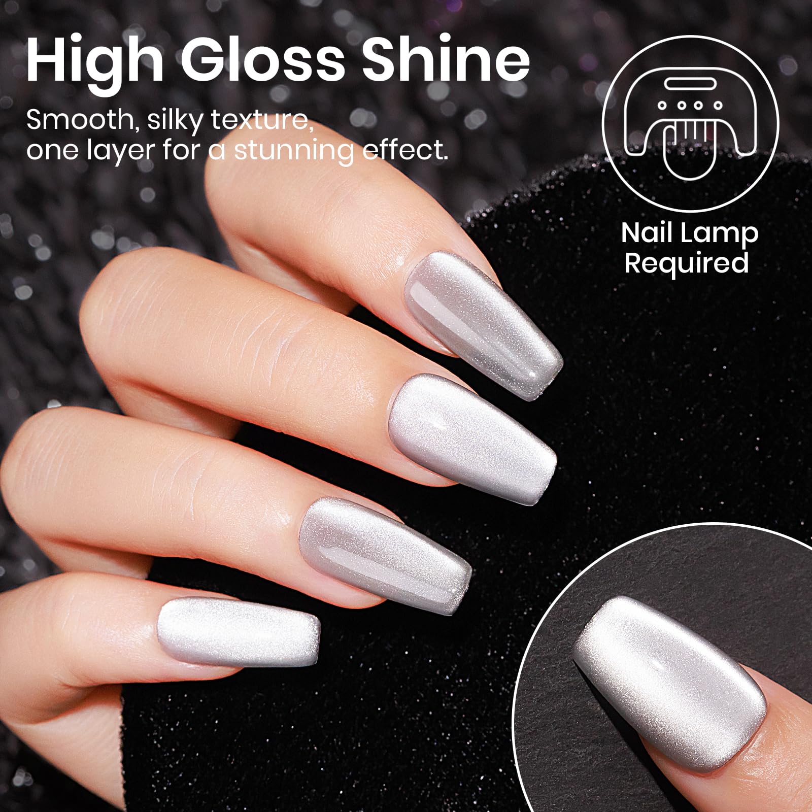MIZHSE Cat Eye Gel Nail Polish - 12mL Silver Glitter Moonlight Cateye UV LED Soak Off Gel Polish for Nail Art | Salon & Home DIY Manicure | Perfect for Parties, Weddings & Special Occasions