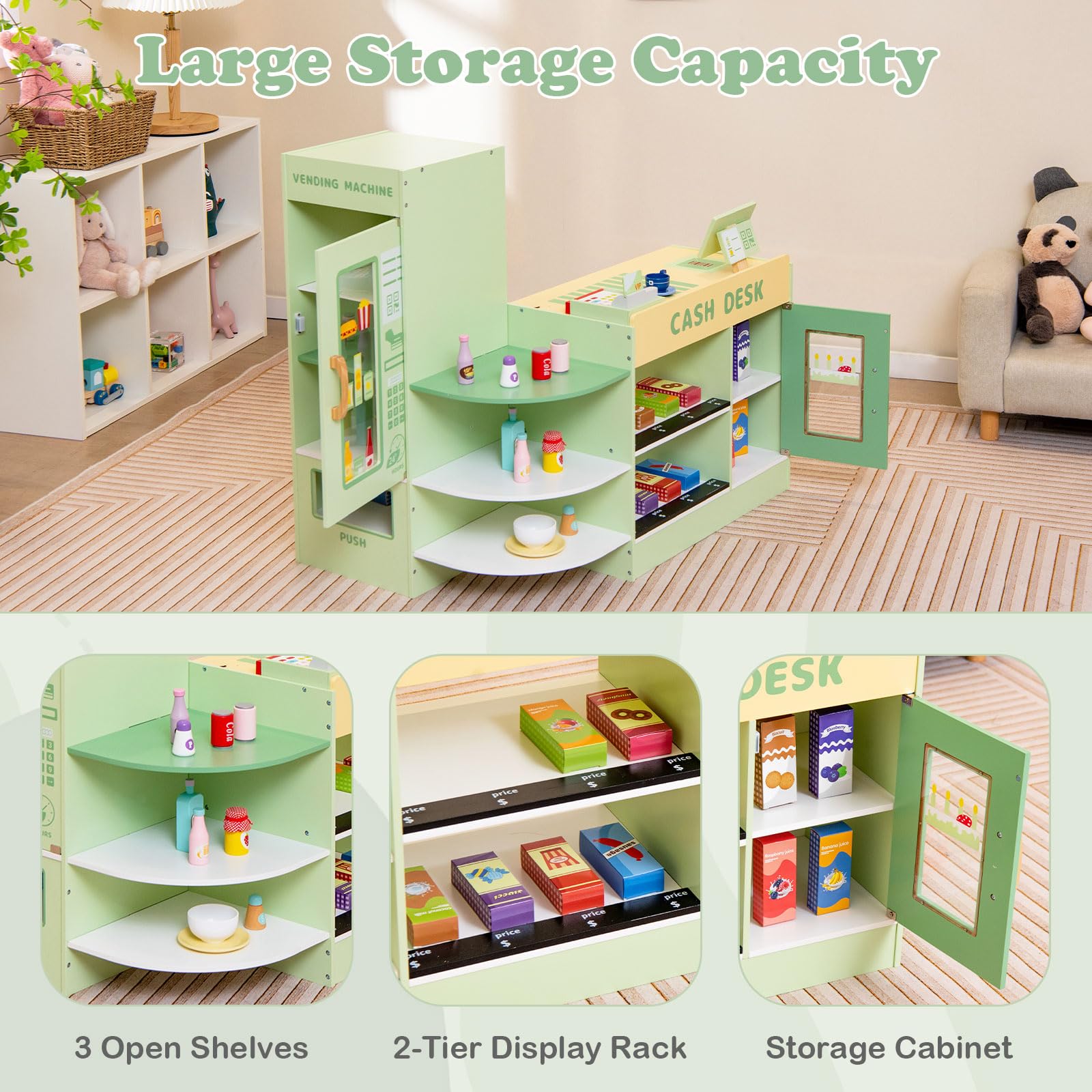 HONEY JOY Wooden Supermarket Playset for Kids - Pretend Play Grocery Store Toy with Cash Register, Vending Machine, Blackboard & Checkout Counter - Educational Role Play Toy for Toddler Boys & Girls (Green) | Perfect for Home, Classroom & Daycare Pretend Play Activities