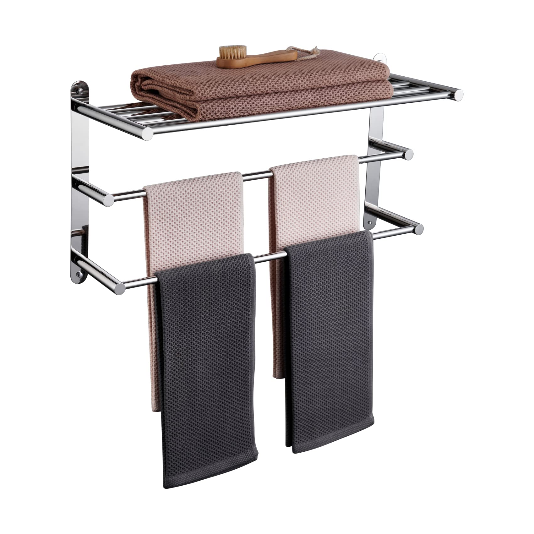 KOKOSIRI Double Towel Rack with Shelf - Wall Mounted Bathroom Storage Organizer, Polished Chrome (B5003CH) - Perfect for Small Bathrooms & Space-Saving Organization