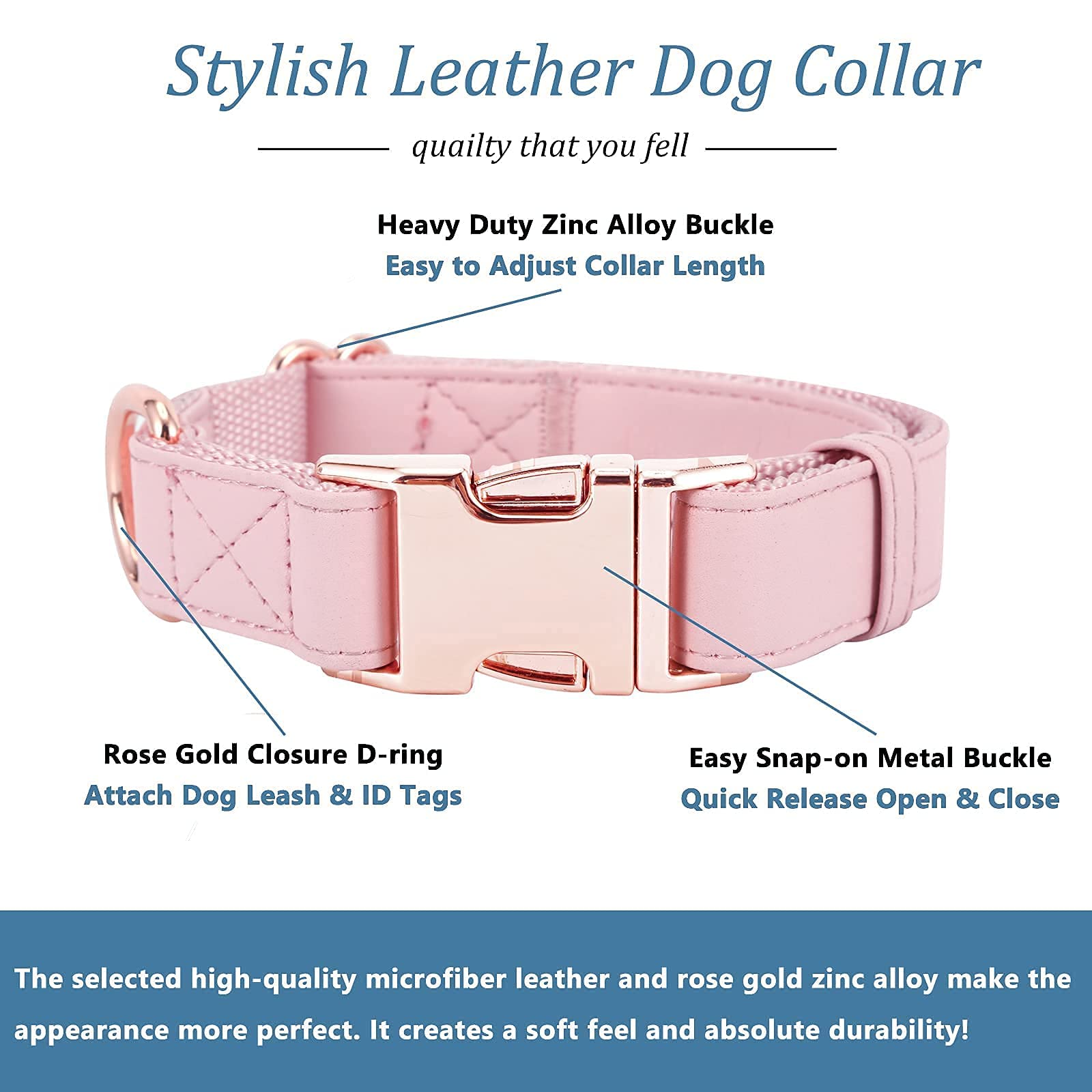 Premium Vegan Leather Dog Collar and Leash Set - Soft, Durable & Easy to Clean with Rose Gold Buckle for Small, Medium & Large Dogs (Pink, Size S 12.2