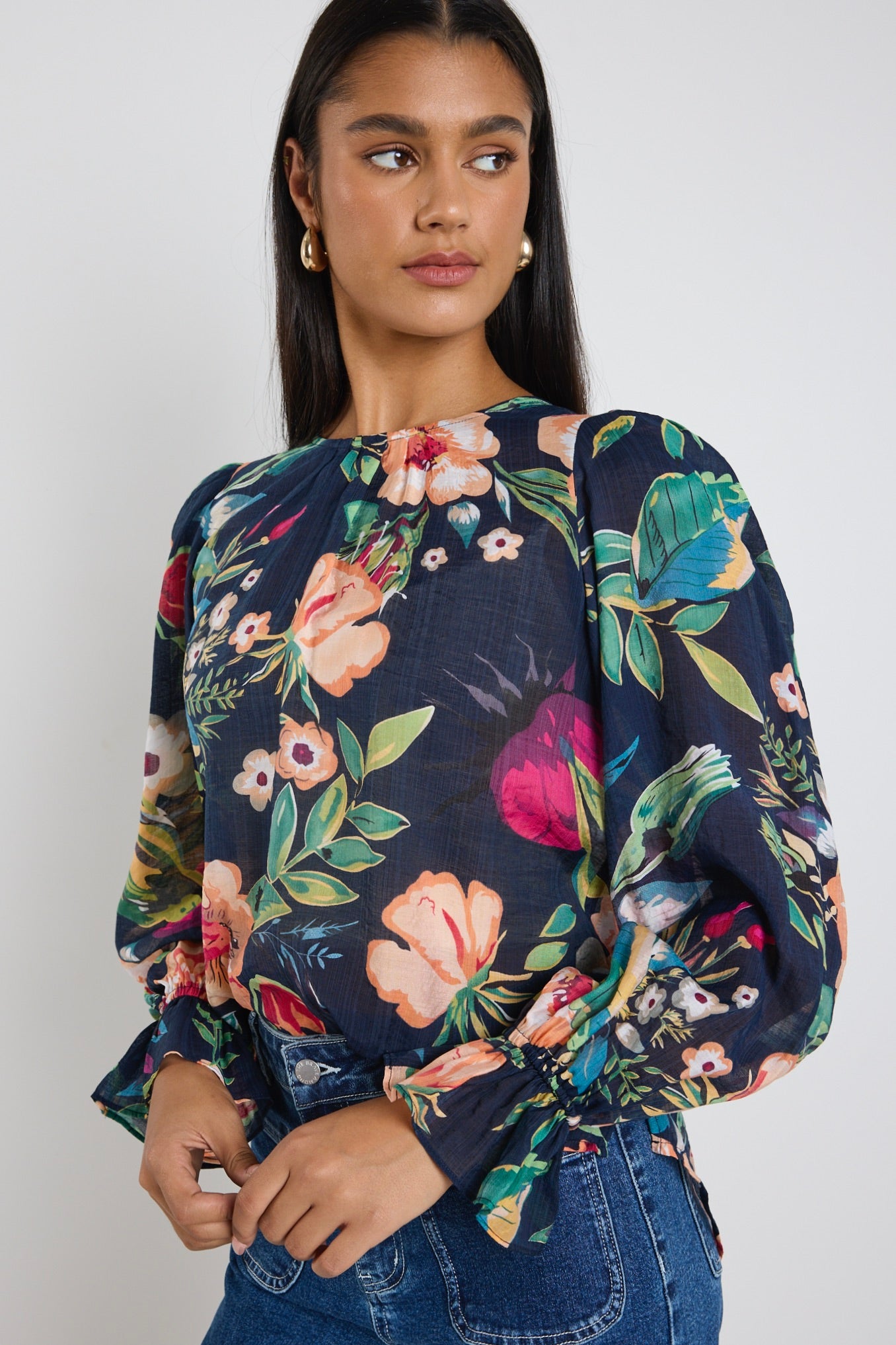 Endless Navy Floral Blouse with Long Sleeves - Women's Vibrant Floral Print Tunic Top for Casual Wear & Office Outfits