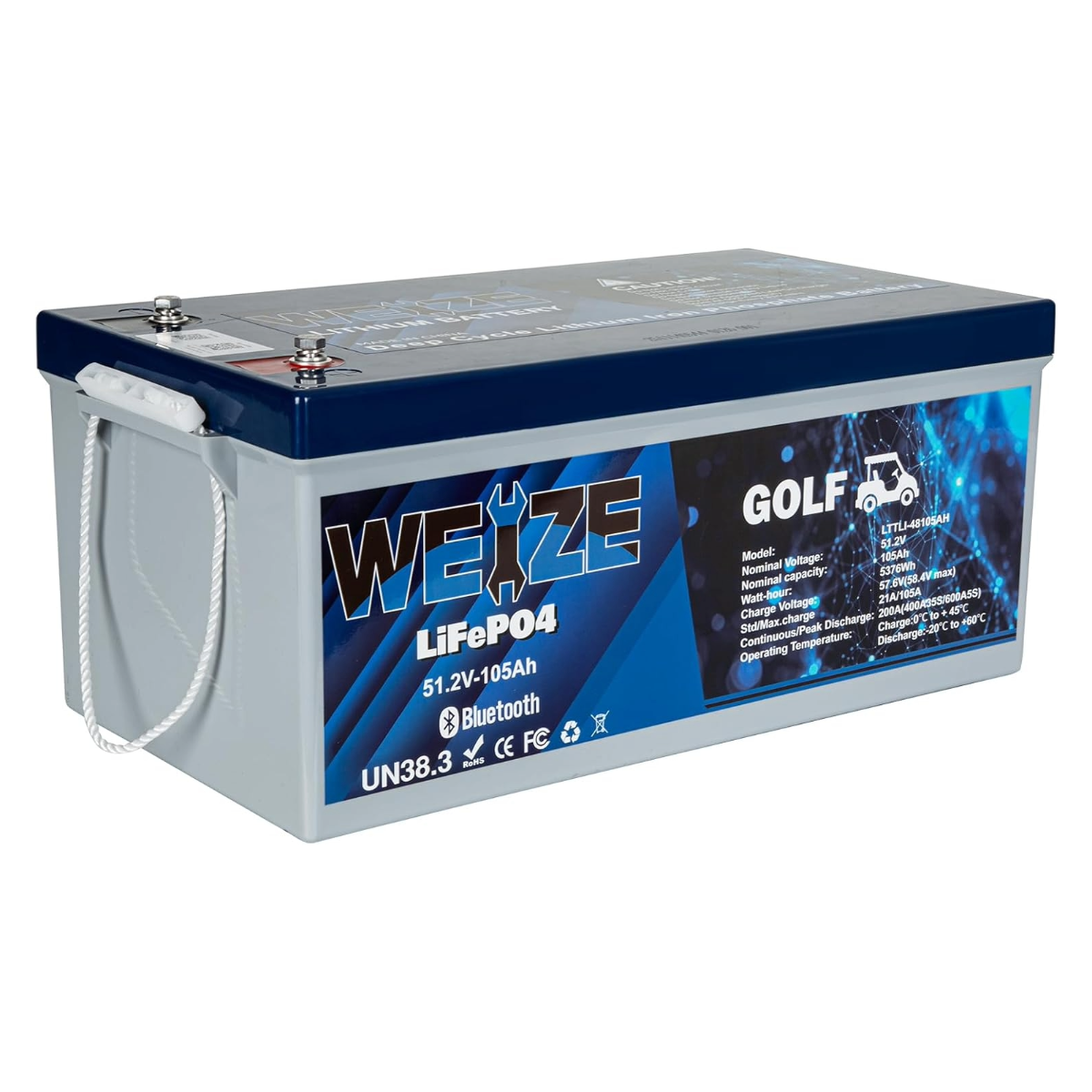 WEIZE 48V 105AH Bluetooth LiFePO4 Lithium Battery with 200A BMS | Low Temp Protection & 400A/35S Peak Discharge | Deep Cycle Battery for Golf Carts, Trolling Motors, Solar Systems, RVs & Off-Grid Power | Ideal for Marine, Camping & Emergency Backup Use