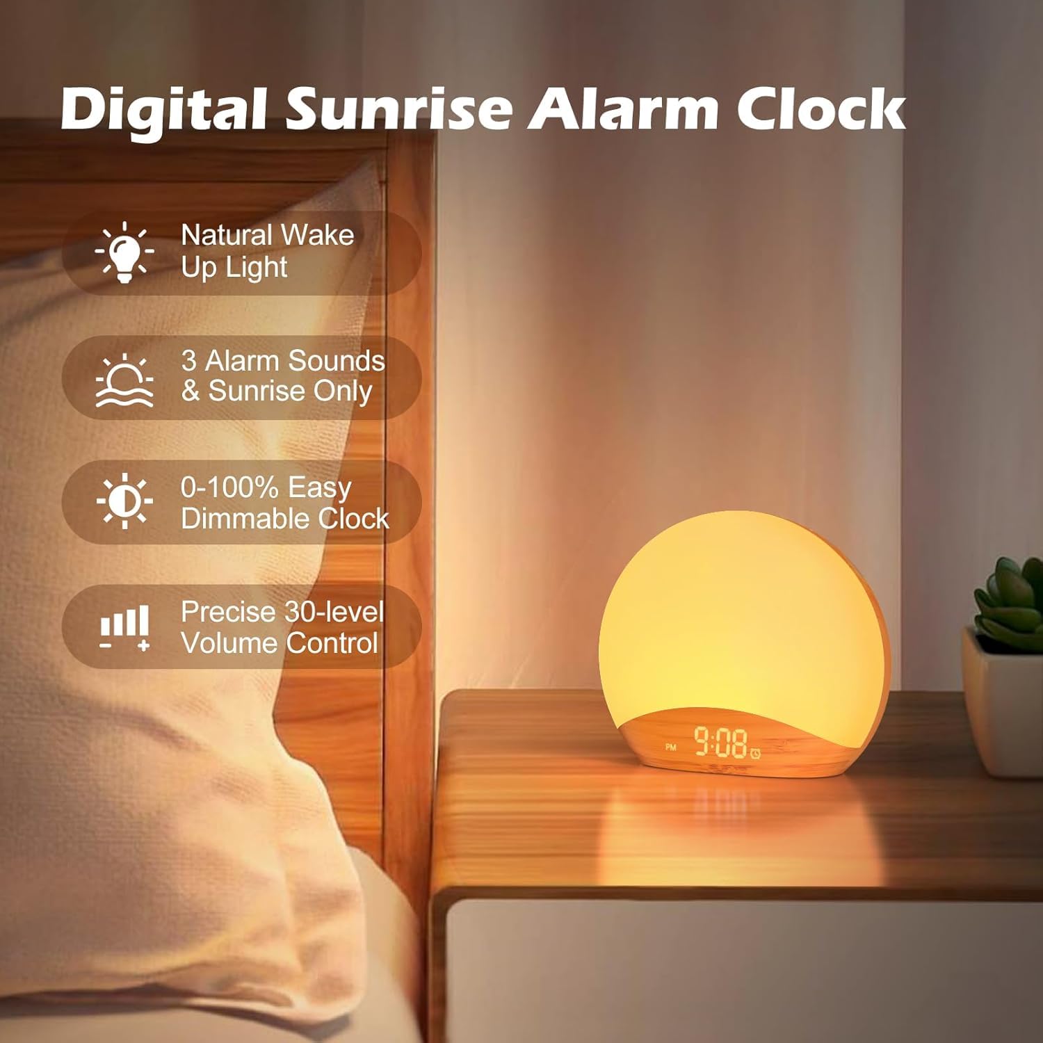 REACHER Wood Grain Sunrise Alarm Clock & Sound Machine with Nightlight - Digital Dimmable Bedroom Clock, 26 Soothing Sleep Sounds & White Noise for Babies, Adults & Kids - Perfect for Gentle Wake-Ups, Nursery, Office & Meditation Rooms
