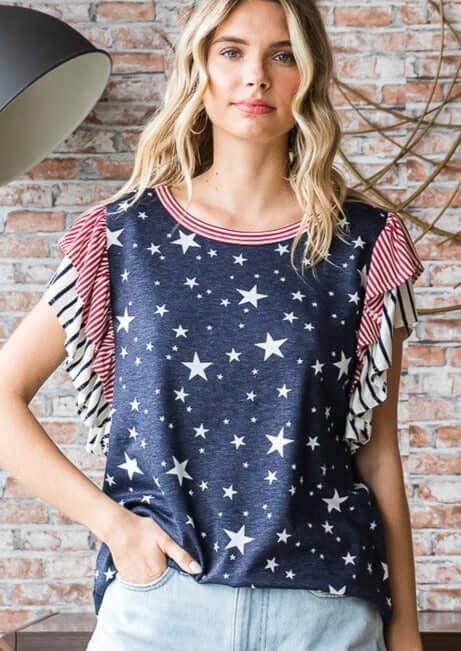 Double Ruffle Flutter Sleeve Patriotic Top - Women's American Flag Print Blouse for 4th of July, Memorial Day & Summer Parties | Casual & Festive Outfit