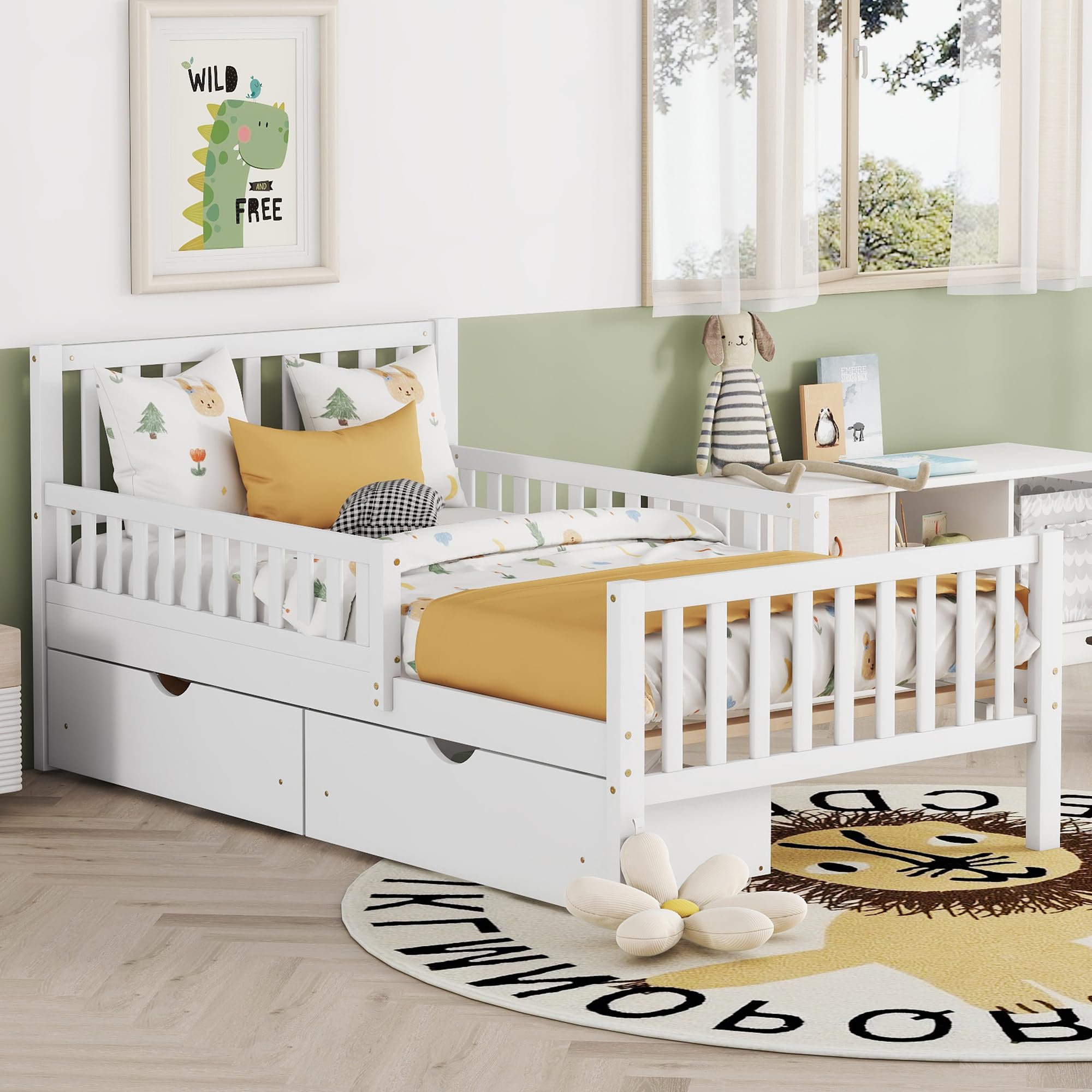 White Twin Size Kids Bed with Guardrails - Low Platform Bed Frame with Headboard, Footboard & 2 Storage Drawers - Safe Children's Bed for Boys & Girls - Perfect for Small Bedrooms, Guest Rooms & Kids' Shared Spaces