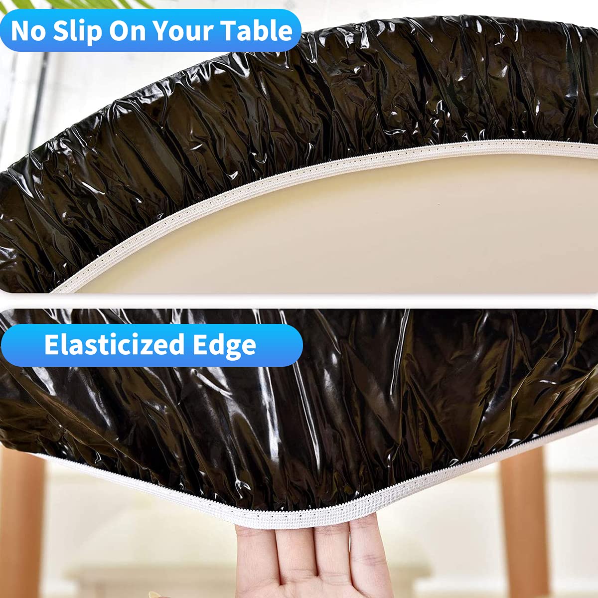 Waterproof Round Plastic Vinyl Tablecloth with Flannel Backing & Elastic Edge - Fitted Dining Table Protector for Kitchen, Restaurant or Outdoor Use (Black, Small 36-42 Inch)