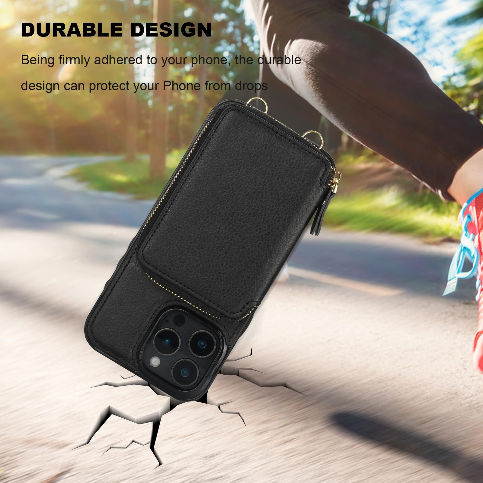 RFID Blocking Wallet Case for iPhone 16 Pro Max - PU Leather Crossbody Zipper Purse with Card Holder, Kickstand & Detachable Wrist Strap | Secure 5G Phone Cover for Women & Men | Perfect for Travel, Shopping & Daily Use (Black, 6.9 Inch)