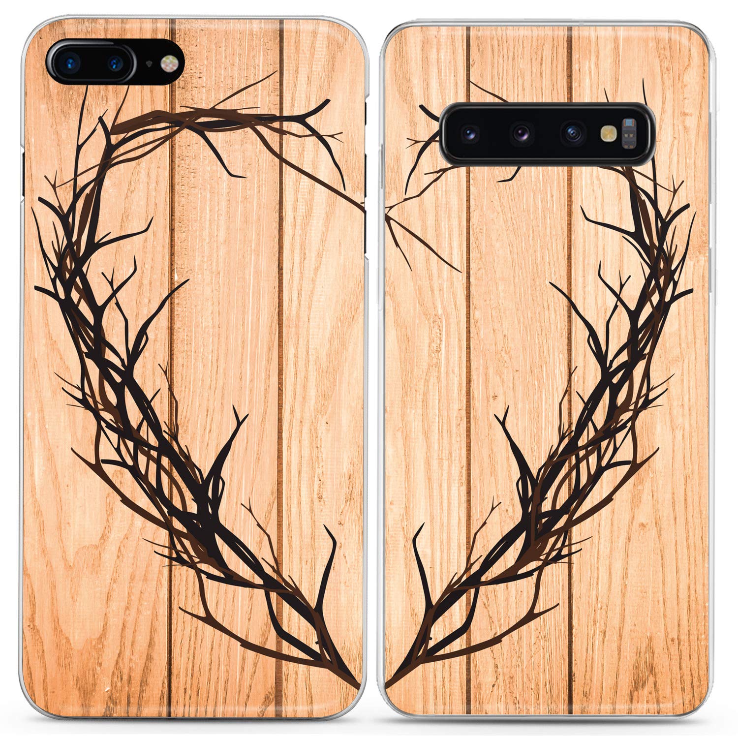 Matching Couple Phone Cases Compatible with iPhone 16/15/14/13/12/11 Pro Max/Mini/XS/X/8 Plus/7+/XR/10/SE/5 - Wood Texture Heart Tree Branch Design Cute Silicone Cover for Anniversary Gifts, Couples & Friends - Perfect for Valentine's Day, Wedding Gifts & Relationship Milestones
