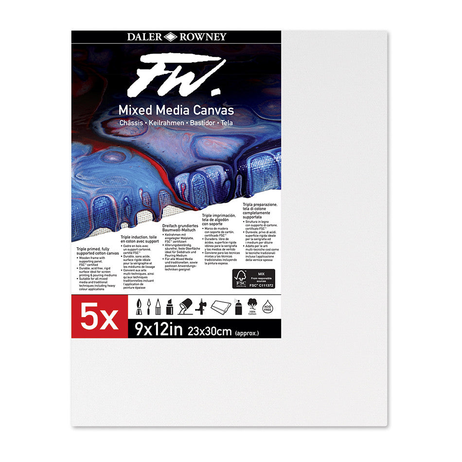 Daler Rowney FW Mixed Media Canvas 9x12 Inches - Pack of 5 Acid-Free Artist Panels for Acrylic, Oil & Watercolor Painting - Perfect for Studio, Classroom & Outdoor Sketching