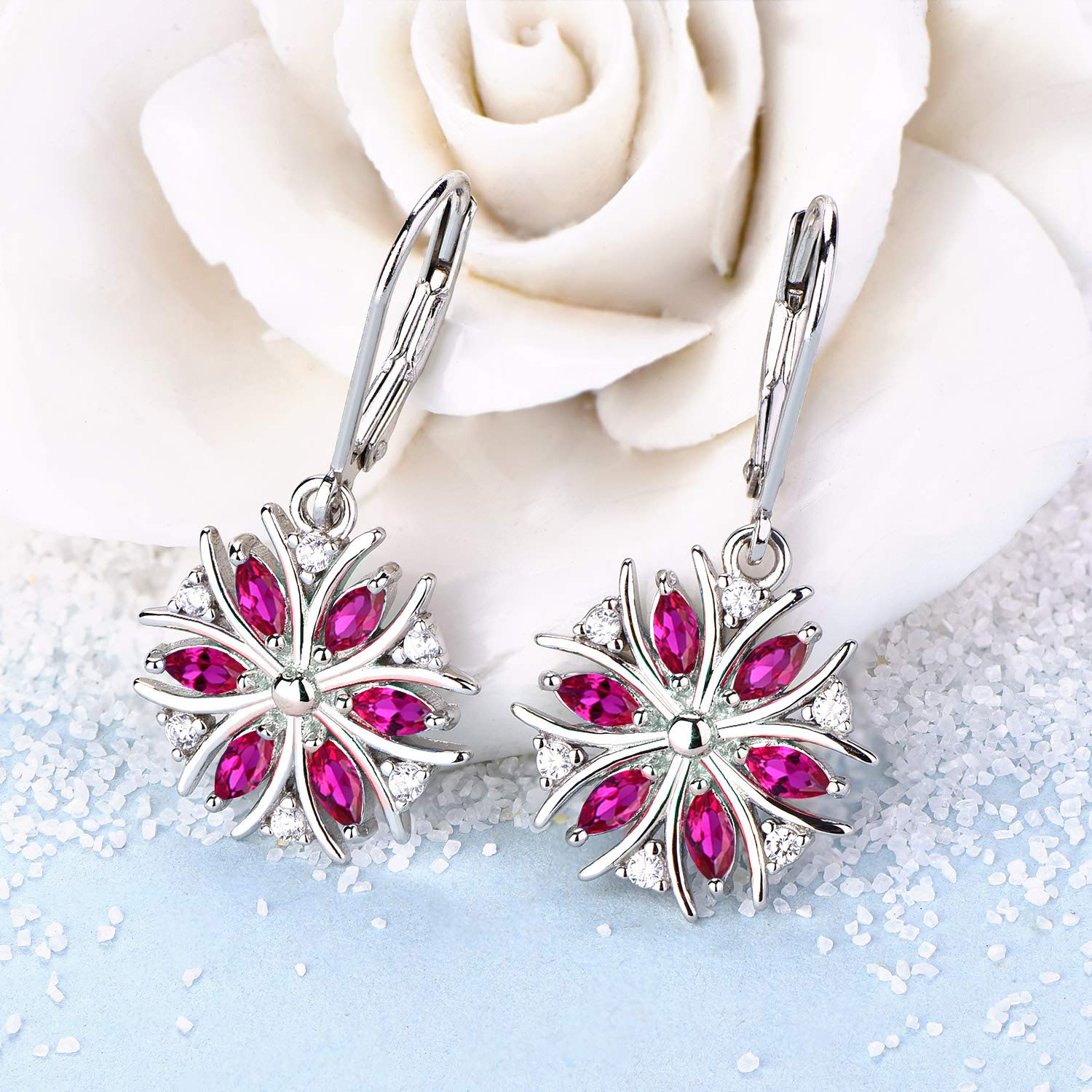 YL Sterling Silver Snowflake Dangle Earrings with Birthstone - Elegant Drop Leverback Jewelry for Women - Perfect for Christmas, Winter Parties & Holiday Gifts