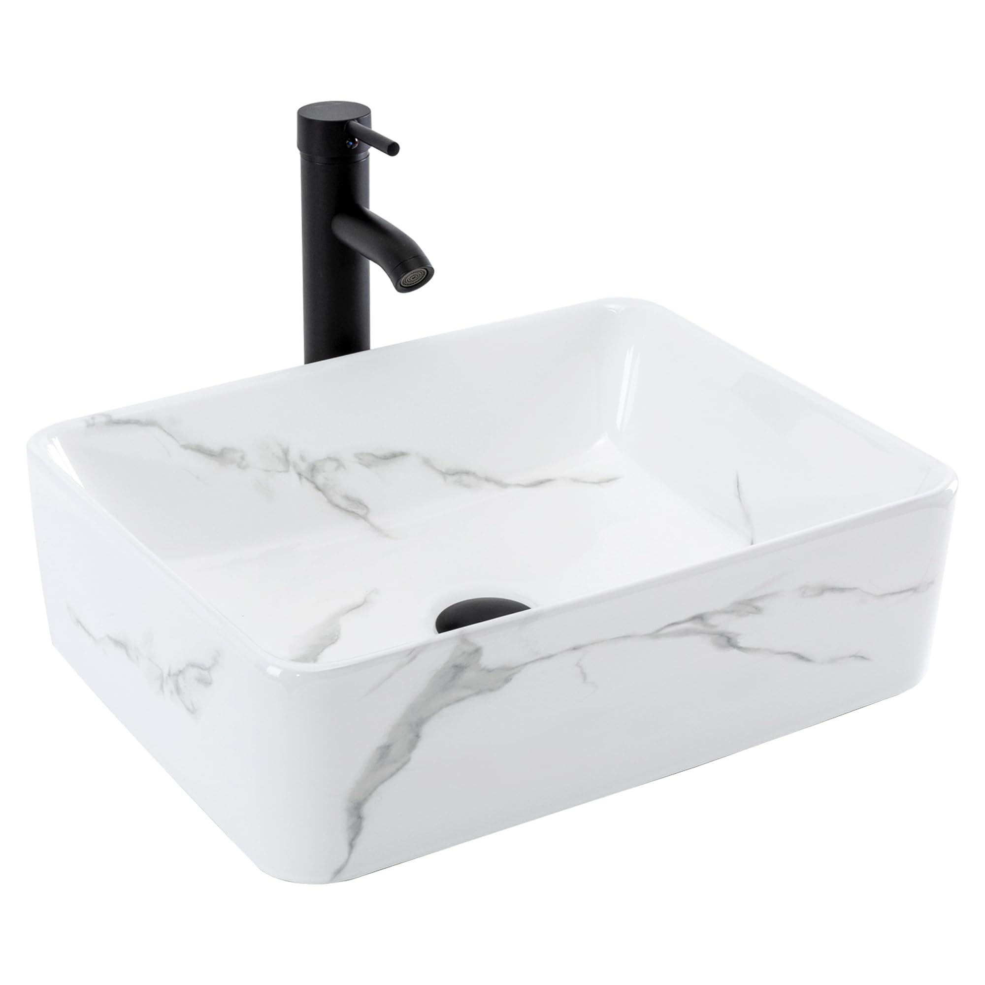 19x15 Inch Rectangular Marble Porcelain Ceramic Vessel Sink - Above Counter Bathroom Sink with Faucet & Pop-Up Drain Combo - Perfect for Modern Bathroom Vanity and Powder Room Renovation