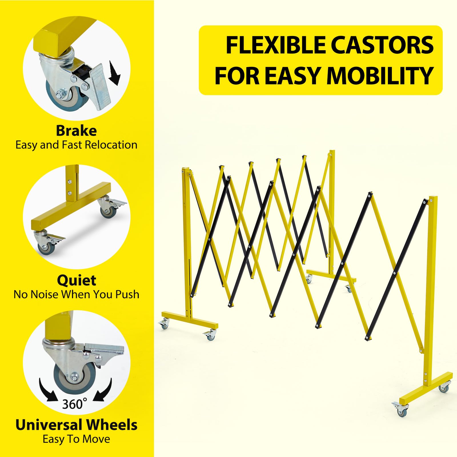 Garvee 19.8 FT Industrial Expandable Metal Barricade - Rotatable & Portable Safety Barrier with Warning Board & Casters | Retractable Traffic Fence Mobile Safety Barrier Gate (Yellow & Black) | Ideal for Construction Sites, Crowd Control & Event Safety