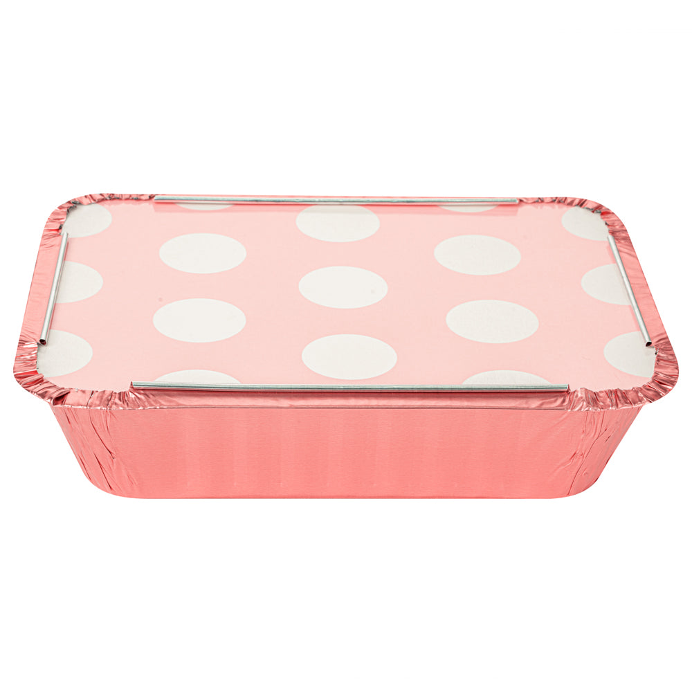 16 oz Pink Aluminum Take Out Containers with Polka Dot Paper Lids - 7.25