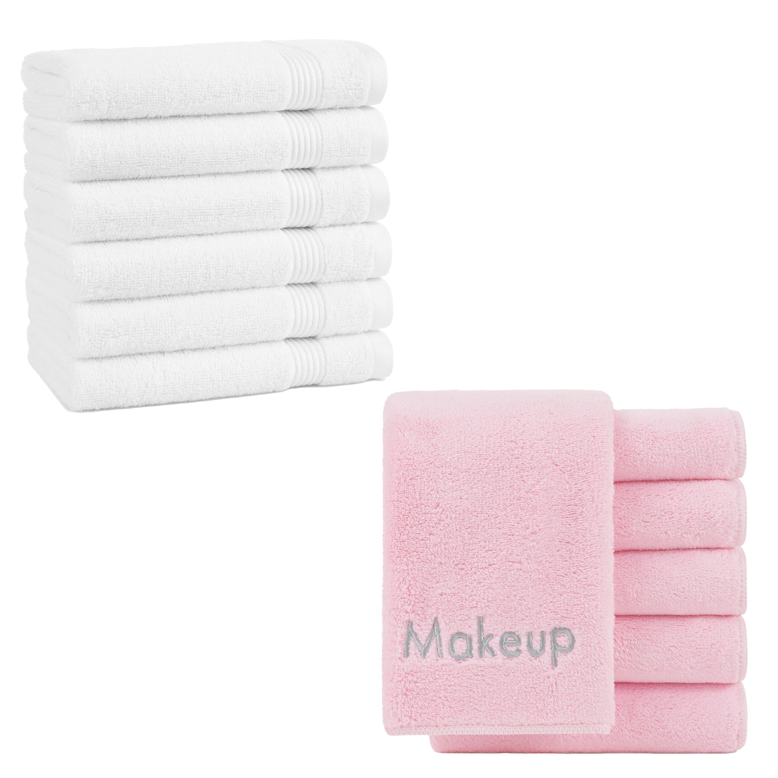 Arkwright Makeup Remover Wash Cloths & Luxury Cotton Hand Towels Set - Soft Pink Facial Cleansing Cloths & White Bath Towels for Skincare & Spa | Perfect for Daily Face Cleansing, Makeup Removal & Gentle Exfoliation