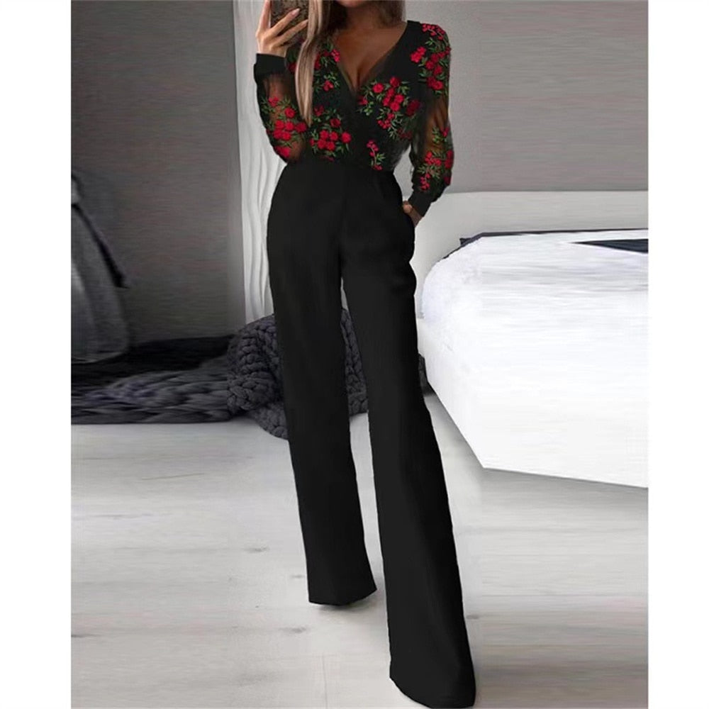 Elegant Women's Jumpsuit 2024 - Casual V-Neck Mesh Hollow Embroidery Long Sleeve Overalls - Slim Fit for Office, Party & Special Occasions - Perfect for Workwear, Date Nights & Formal Events