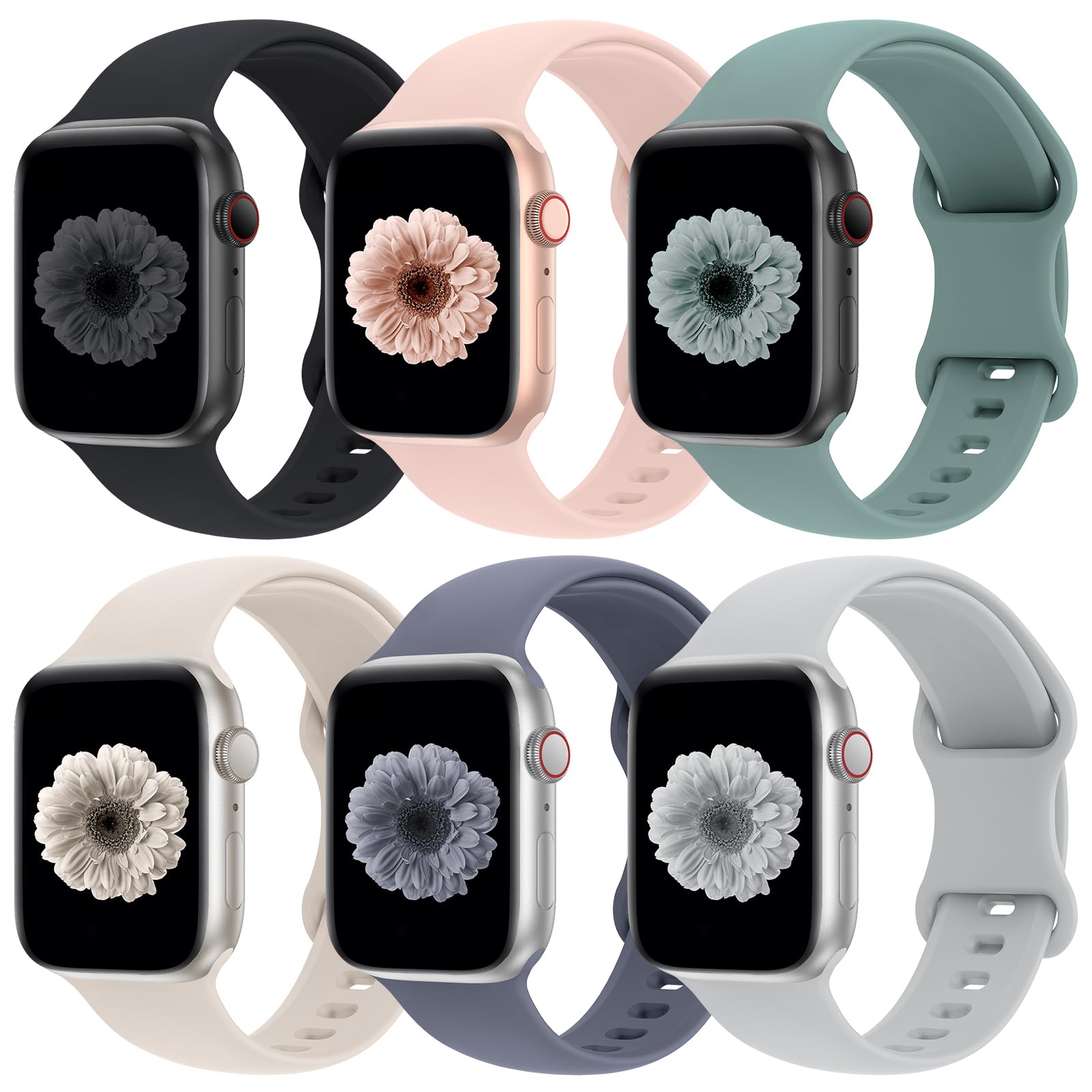 6 Pack Soft Silicone Replacement Bands for Apple Watch 38mm 40mm 41mm 42mm 44mm 45mm 49mm - Compatible with iWatch Series Ultra 8/7/6/5/4/3/2/1 SE - Sport Strap Wristbands for Women & Men - Perfect for Workouts, Running & Daily Wear