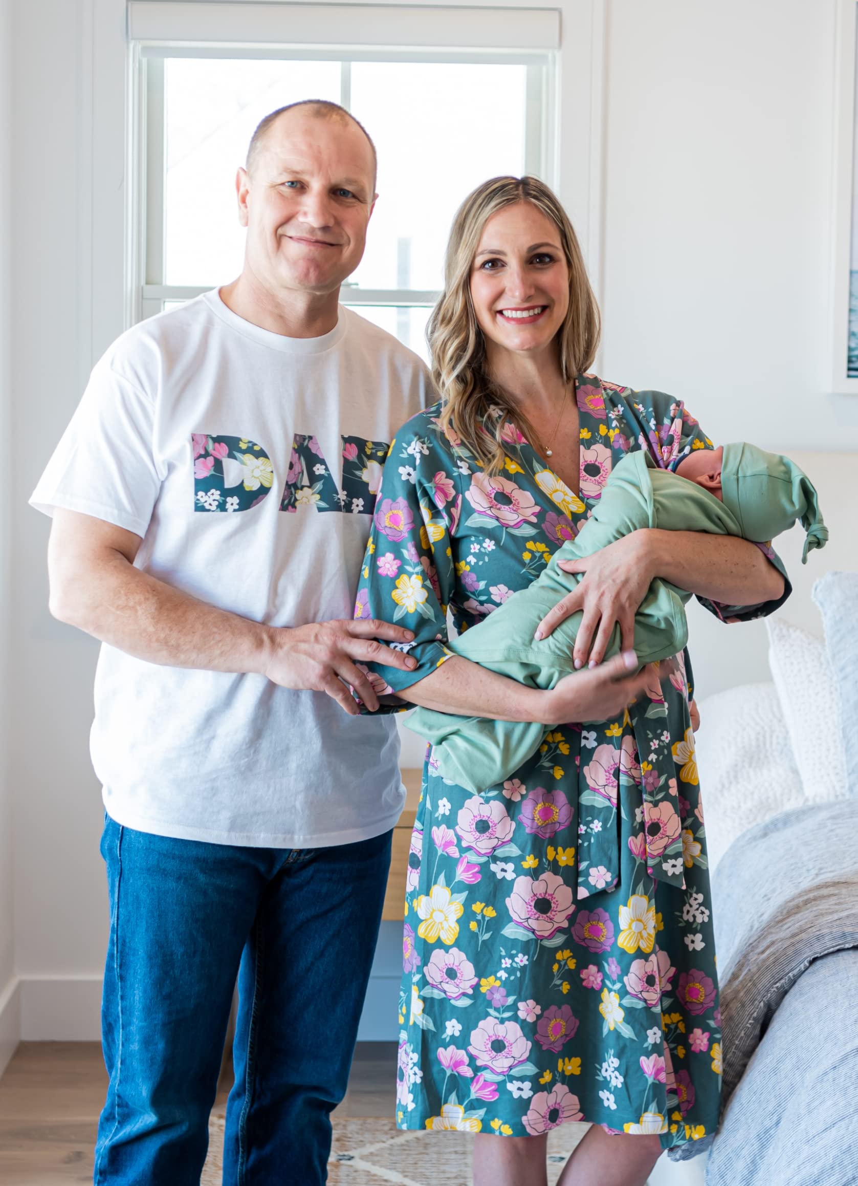 Baby Be Mine Maternity Nursing Robe, Newborn Swaddle Blanket & Daddy T-Shirt Set - Soft Hospital Delivery Gown & Baby Girl Wrap for Breastfeeding, Postpartum Recovery & Family Photo Outfits