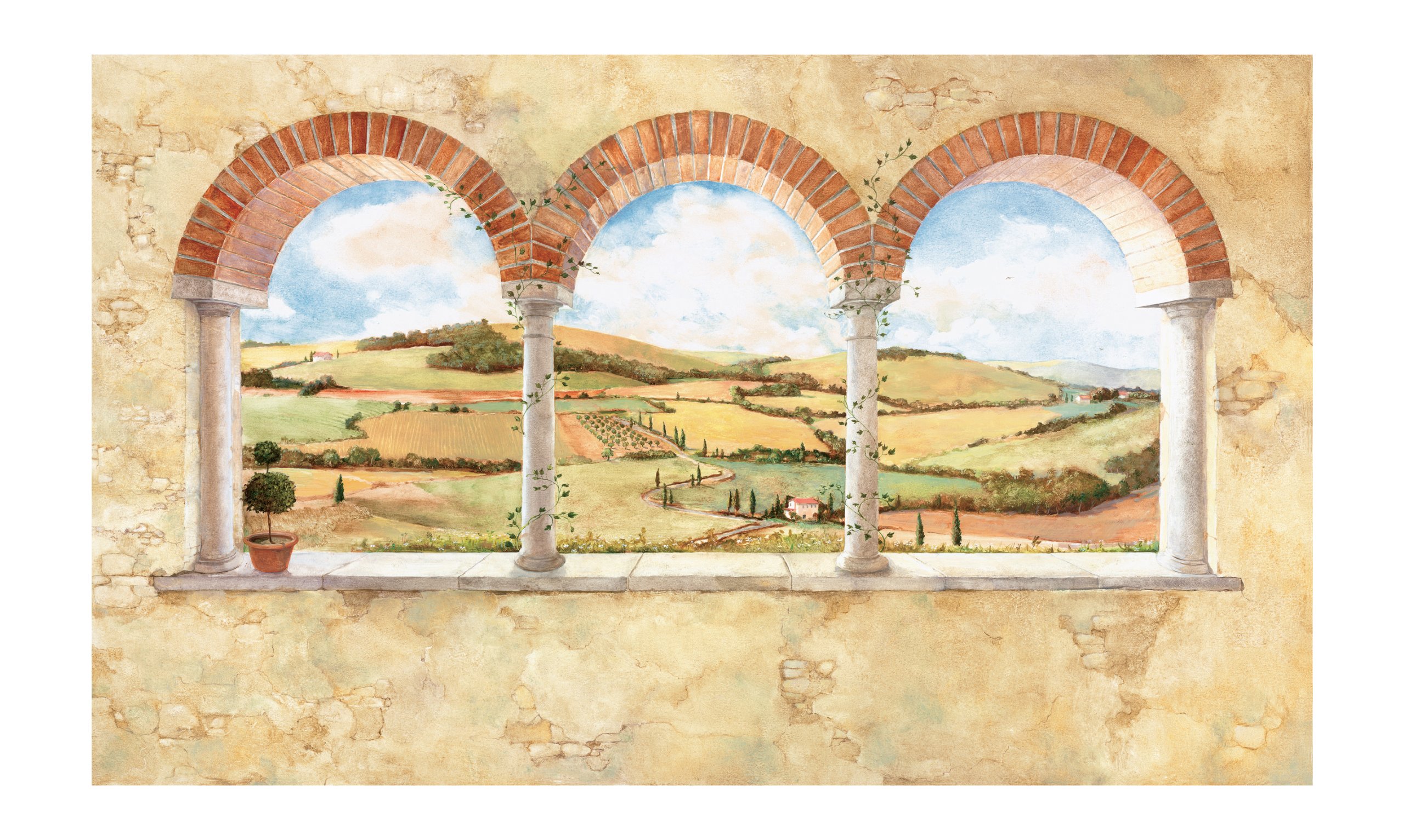 York Wallcoverings Europa II Tuscan View Prepasted Wall Mural - Baked Clay, Brick, Sky Blue, Green | Perfect for Living Room, Bedroom, or Office Decor