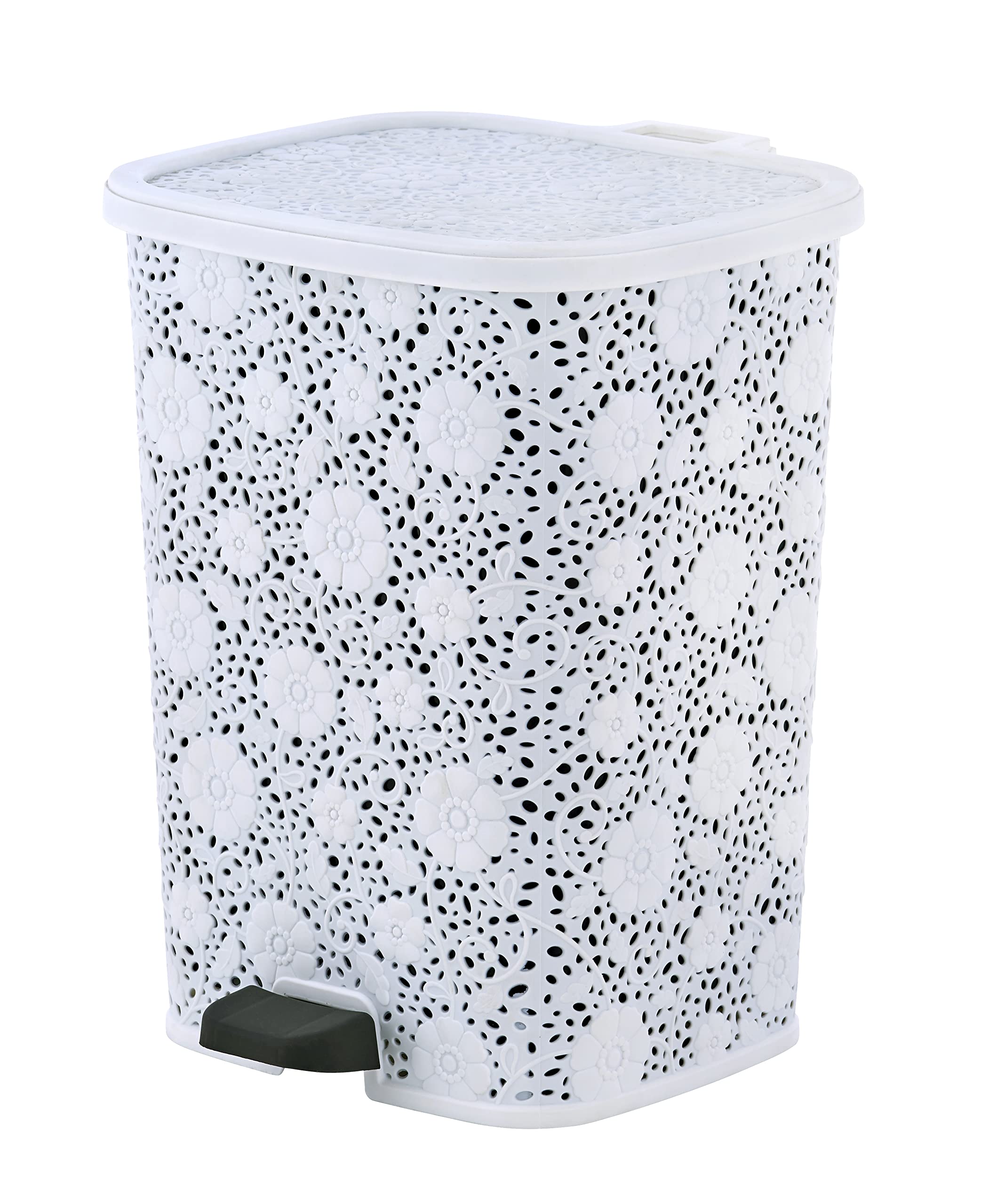 Superio Mini 1.5 Gallon Small Trash Can with Foot Pedal - Slim Plastic Waste Basket with Lid - White Lace Bathroom & Kitchen Garbage Bin - Perfect for Office, Bedroom, Patio & Under Desk Use