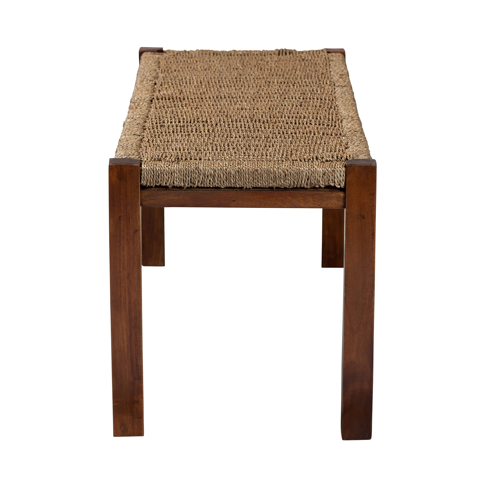 Bali & Pari Hermes Woven Seagrass Accent Bench - Natural Walnut Brown - Handwoven Rattan Stool for Living Room, Bedroom, or Patio Decor